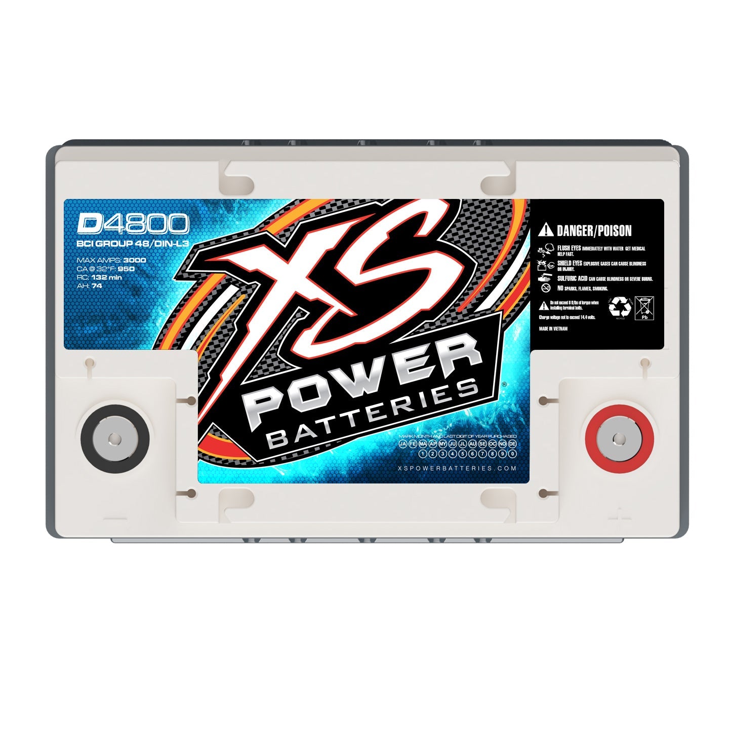 XS Power D4800 Group 48 AGM battery top view showing terminals
