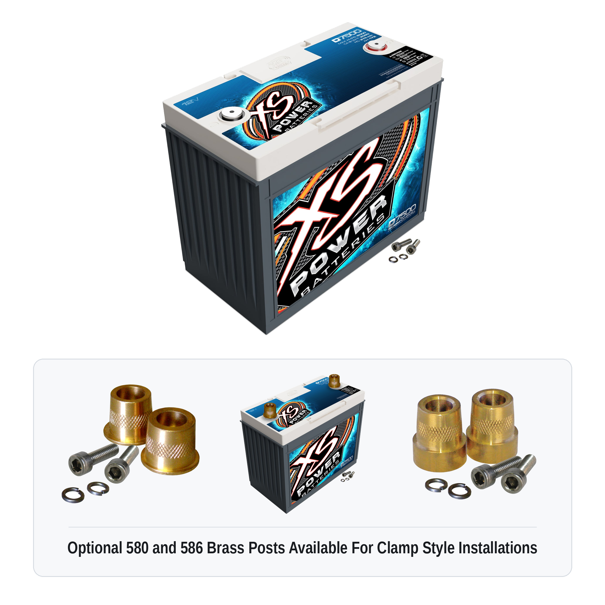 XS Power D7500 12V AGM battery with optional 580 and 586 brass post adaptors for clamp style installations