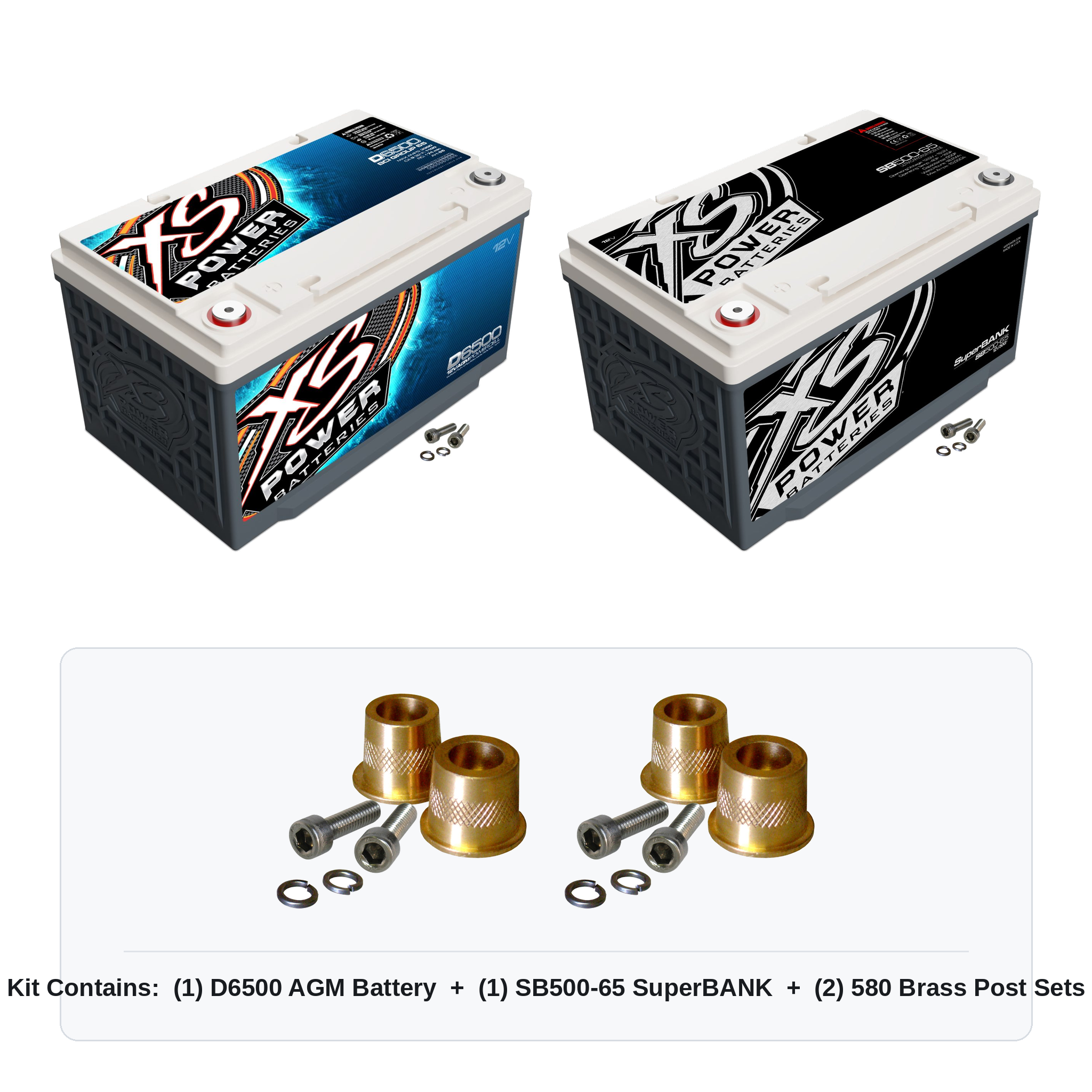XS Power 1999-2003 Ford F-250 F-350 F-450 7.3L Powerstroke combo kit with D6500 AGM battery, SB500-65 SuperBANK and two 580 brass post adaptor sets
