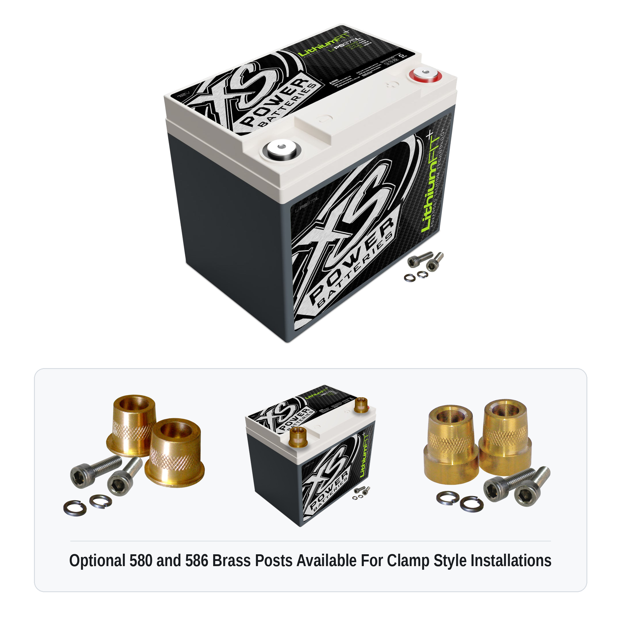 XS Power Li-PS975L lithium powersports battery with optional 580 and 586 brass post adaptors for clamp style installations
