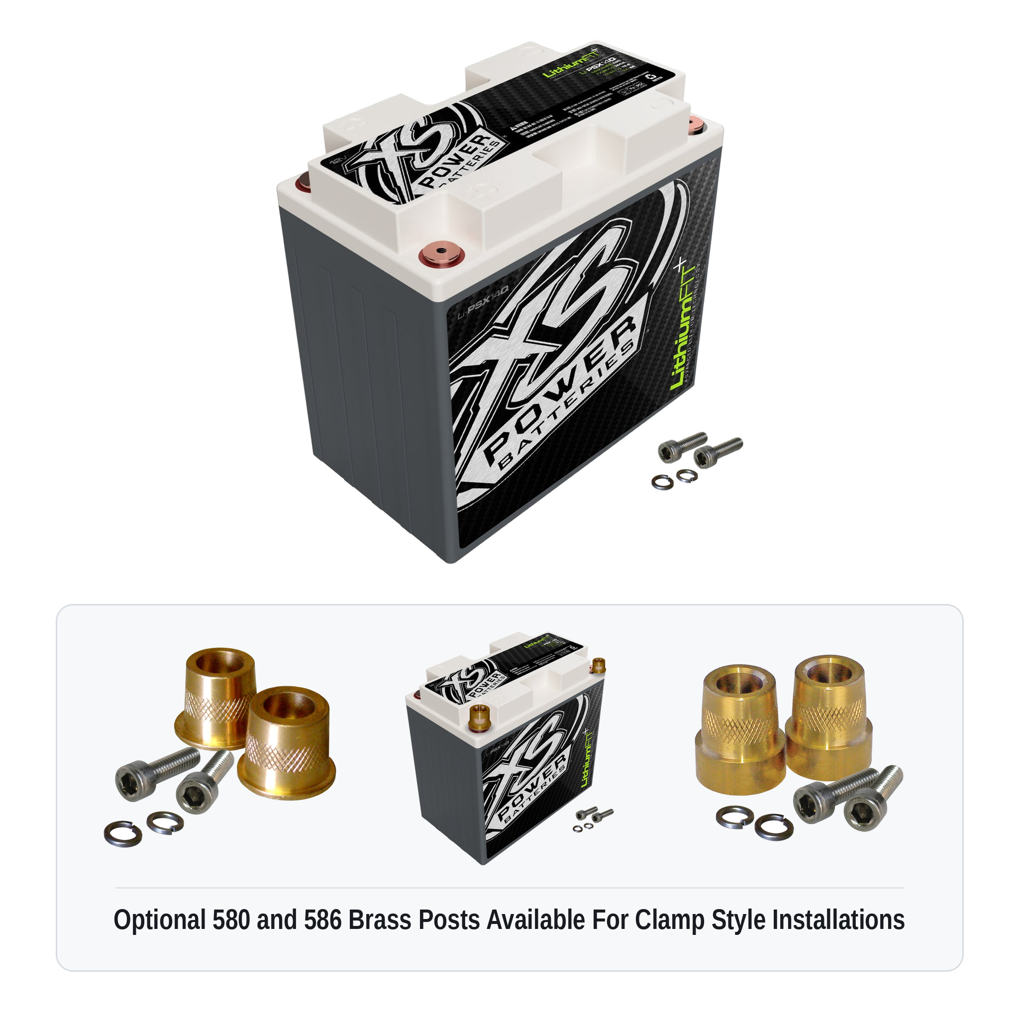 XS Power Li-PSX14Q lithium powersports battery with optional 580 and 586 brass post adaptors for clamp style installations