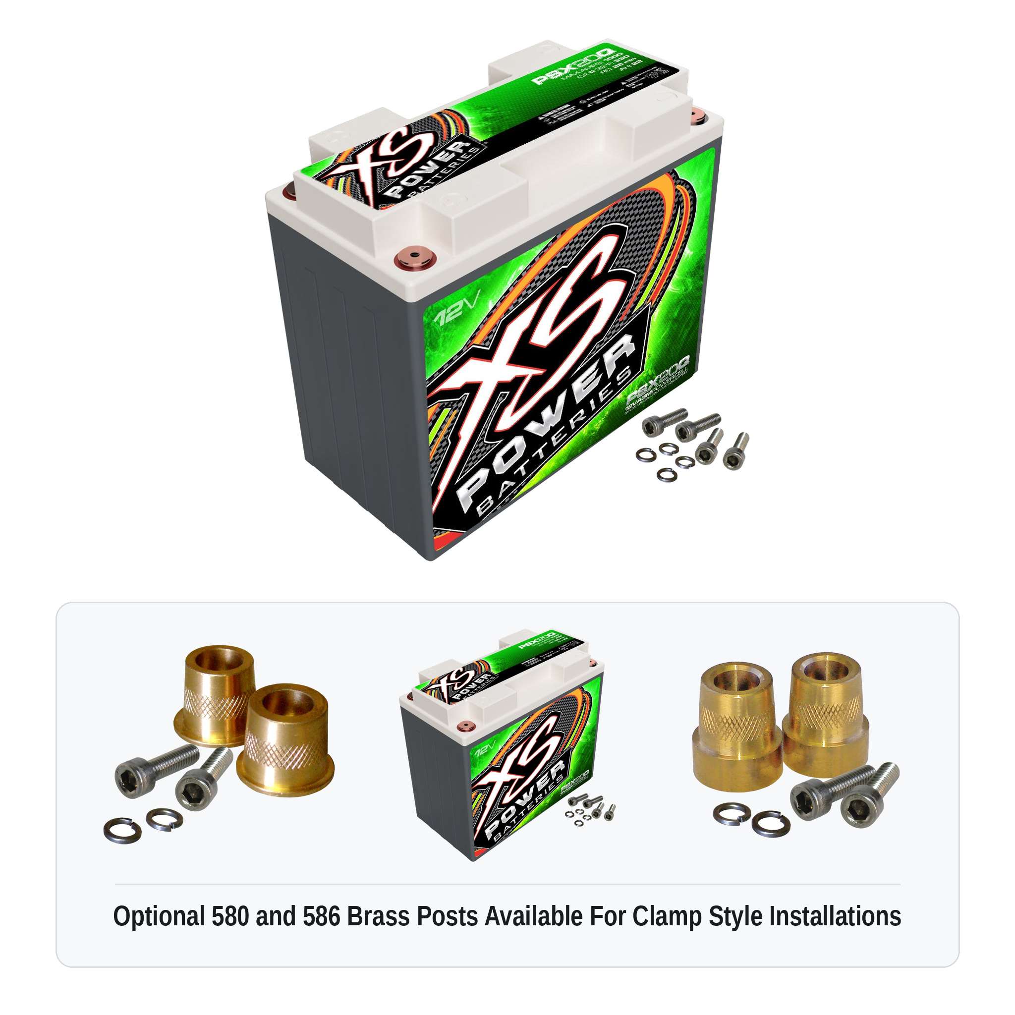 XS Power PSX20Q Group 20/20L 12V AGM powersports battery with optional 580 and 586 brass post adaptors for clamp style installations