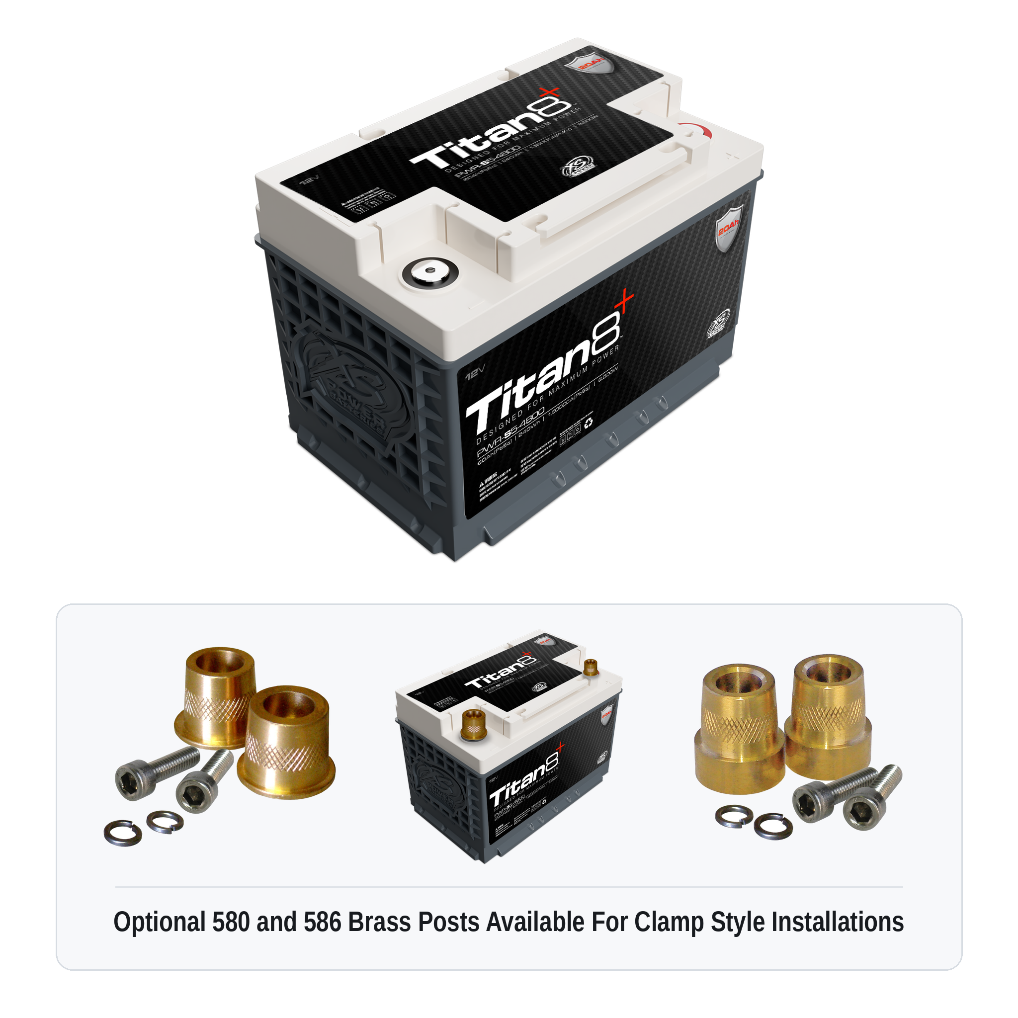 XS Power PWR-S5-4800 Titan8 battery with optional 580 and 586 brass post adaptors for clamp style installations