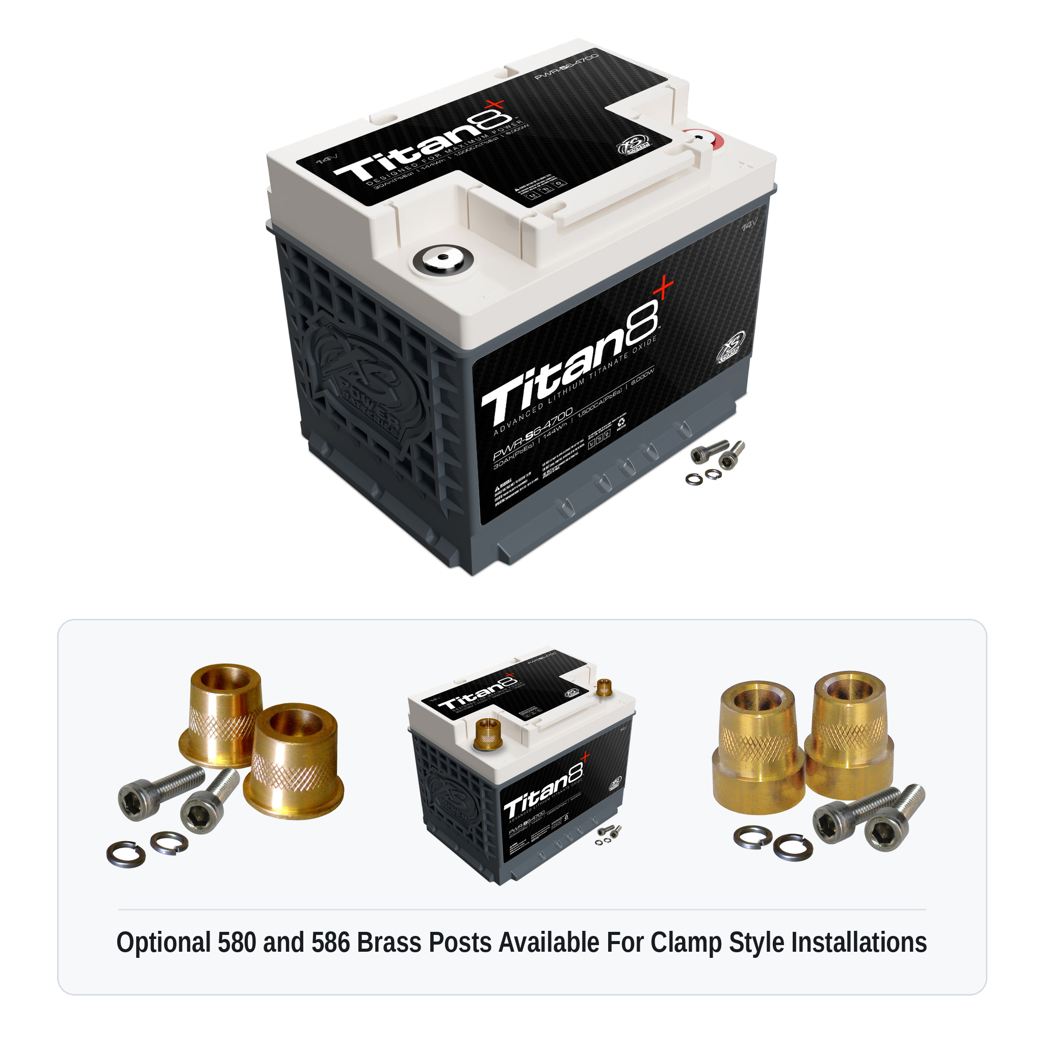 XS Power PWR-S6-4700 Titan8 lithium battery with optional 580 and 586 brass post adaptors for clamp style installations