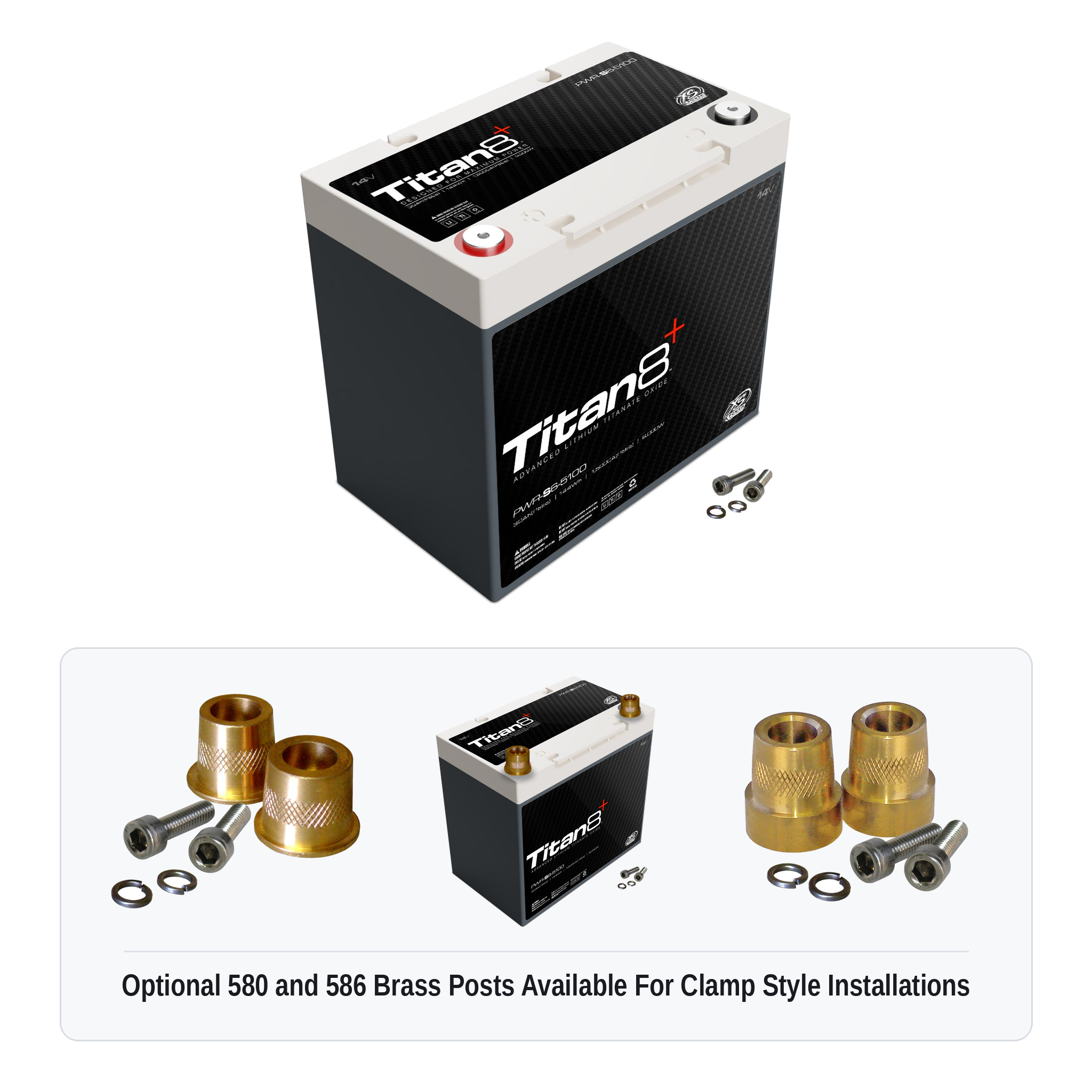XS Power PWR-S6-5100 Titan8 lithium battery with optional 580 and 586 brass post adaptors for clamp style installations