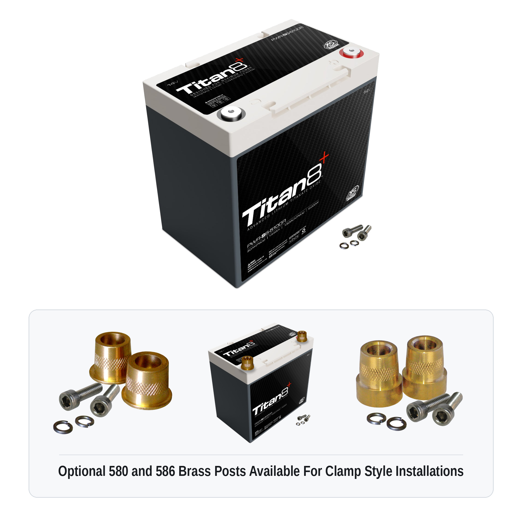 XS Power PWR-S6-5100R Titan8 lithium battery with optional 580 and 586 brass post adaptors for clamp style installations