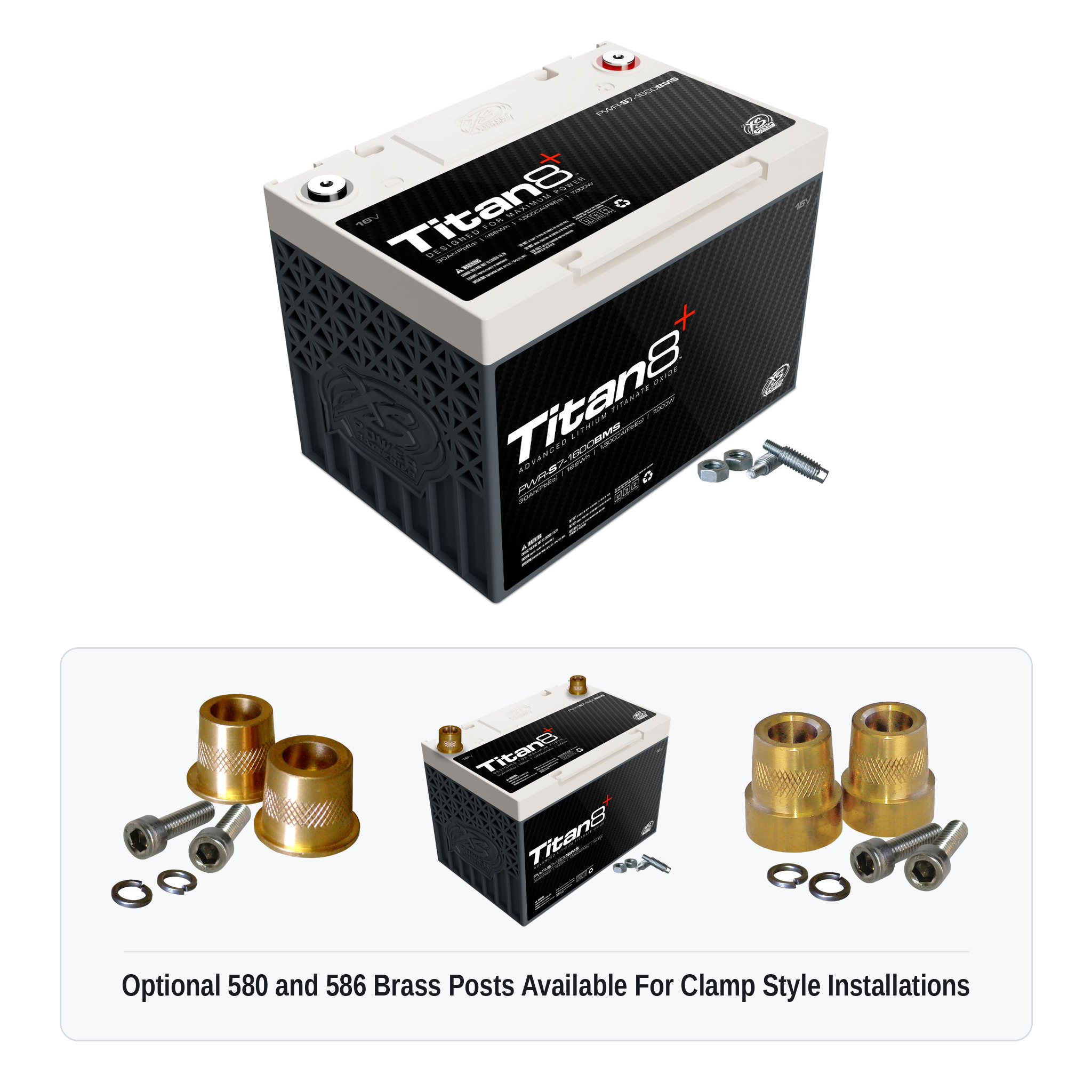 XS Power PWR-S7-1600BMS Titan8 lithium battery with optional 580 and 586 brass post adaptors for clamp style installations
