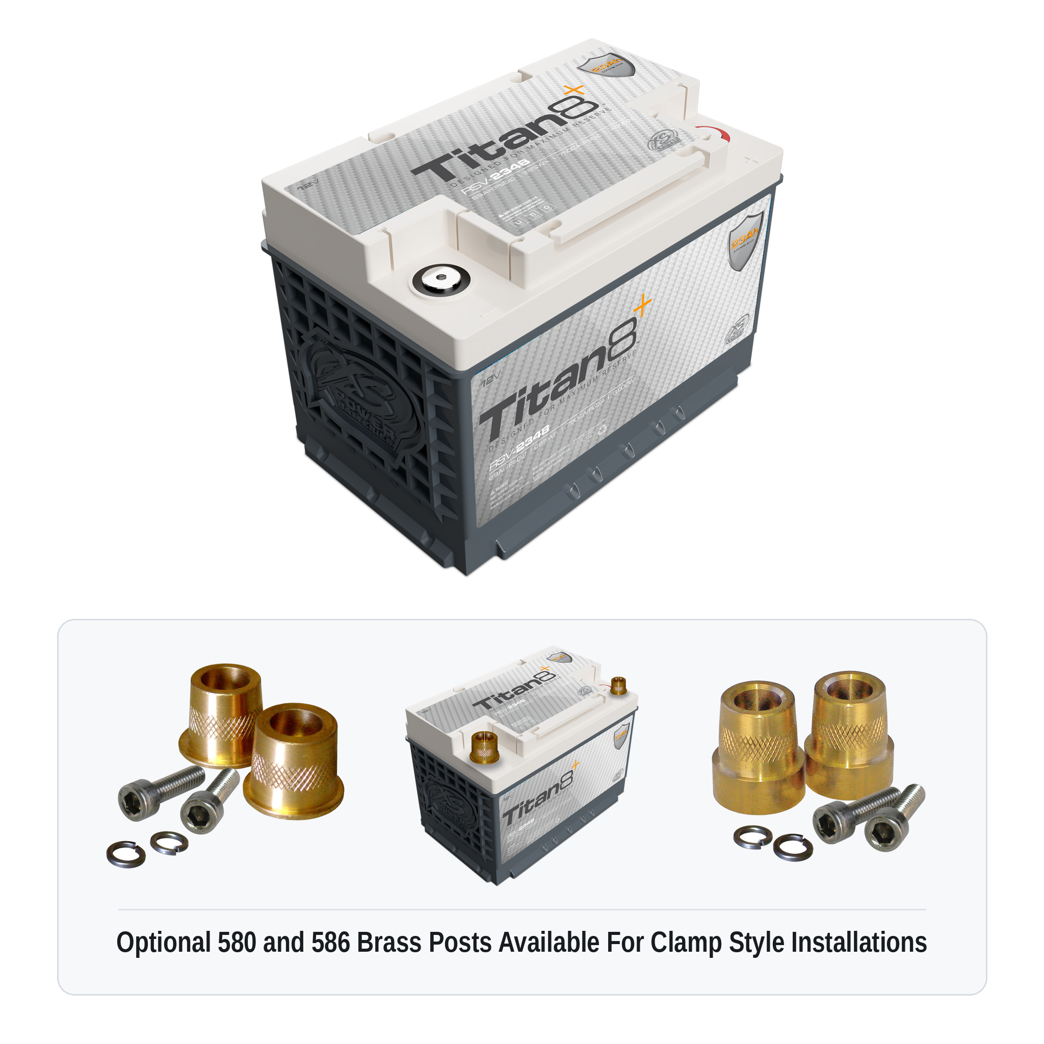 XS Power RSV-23-4800 Titan8 lithium reserve battery with optional 580 and 586 brass post adaptors for clamp style installations