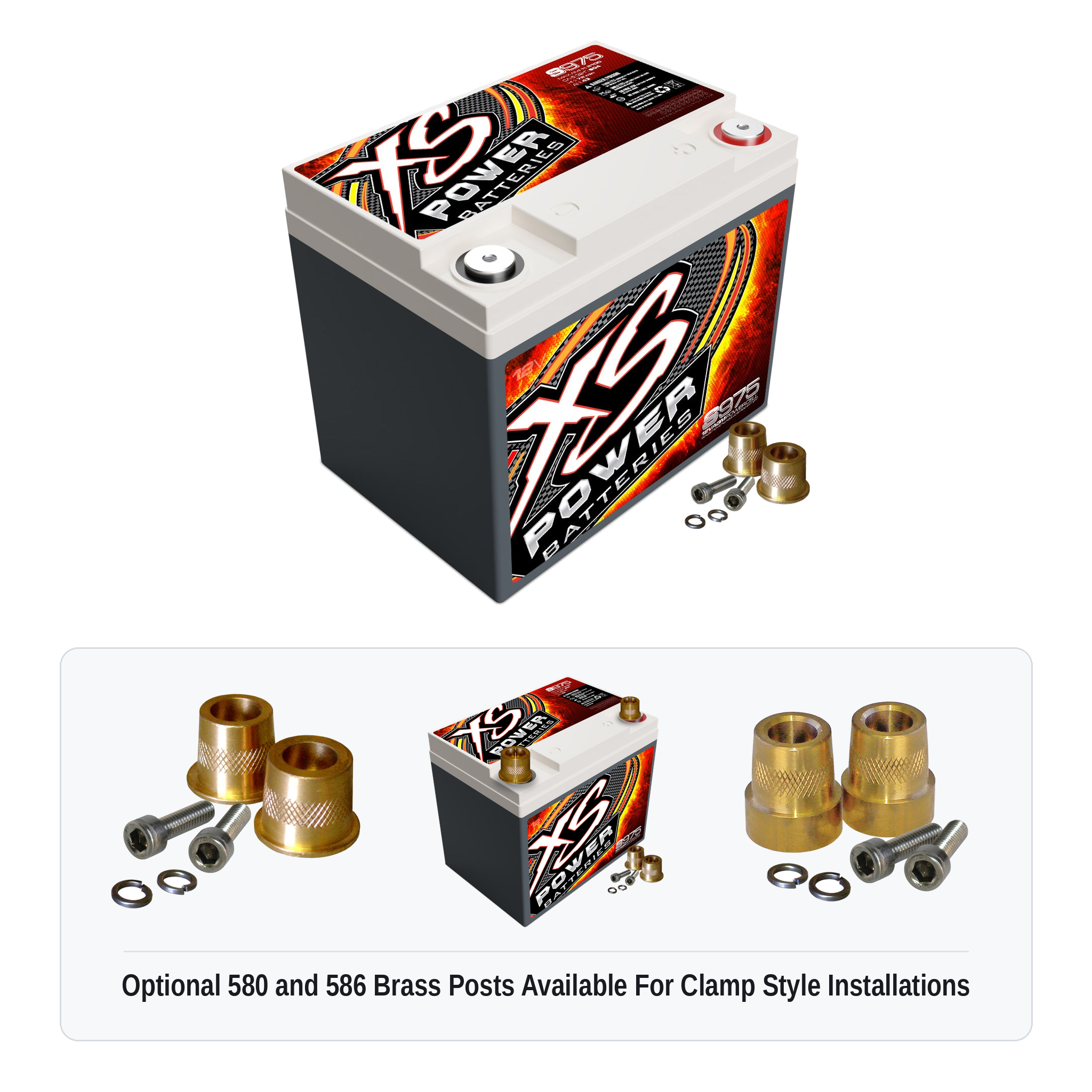 XS Power S975 12V AGM racing battery with optional 580 and 586 brass post adaptors for clamp style installations