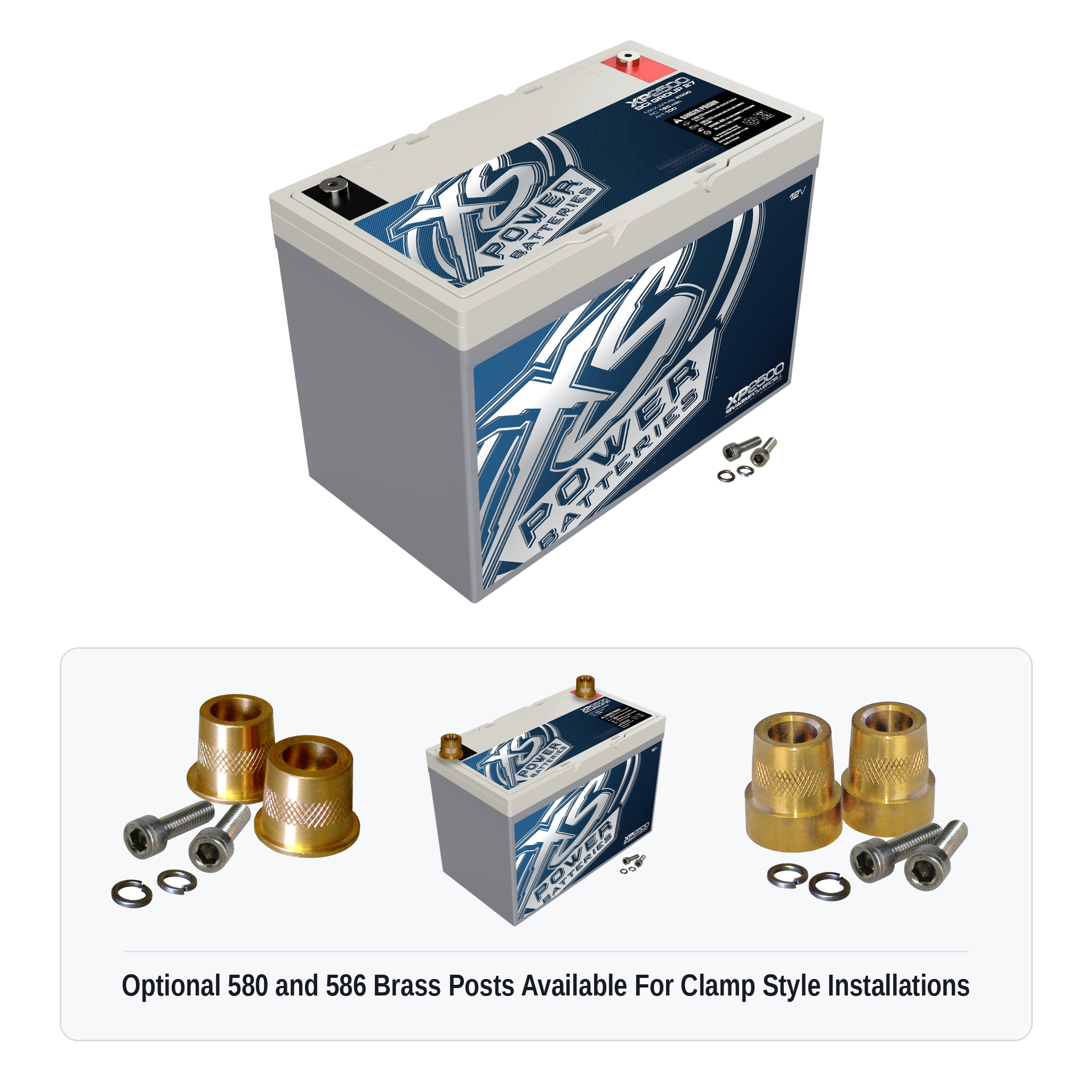 XS Power XP2500 12V AGM secondary reserve battery with optional 580 and 586 brass post adaptors for clamp style installations