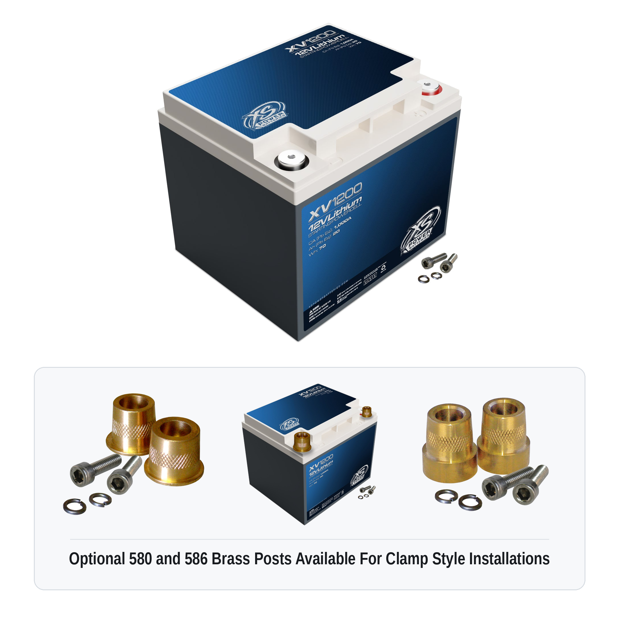 XS Power XV1200 12V lithium starting powercell with optional 580 and 586 brass post adaptors for clamp style installations