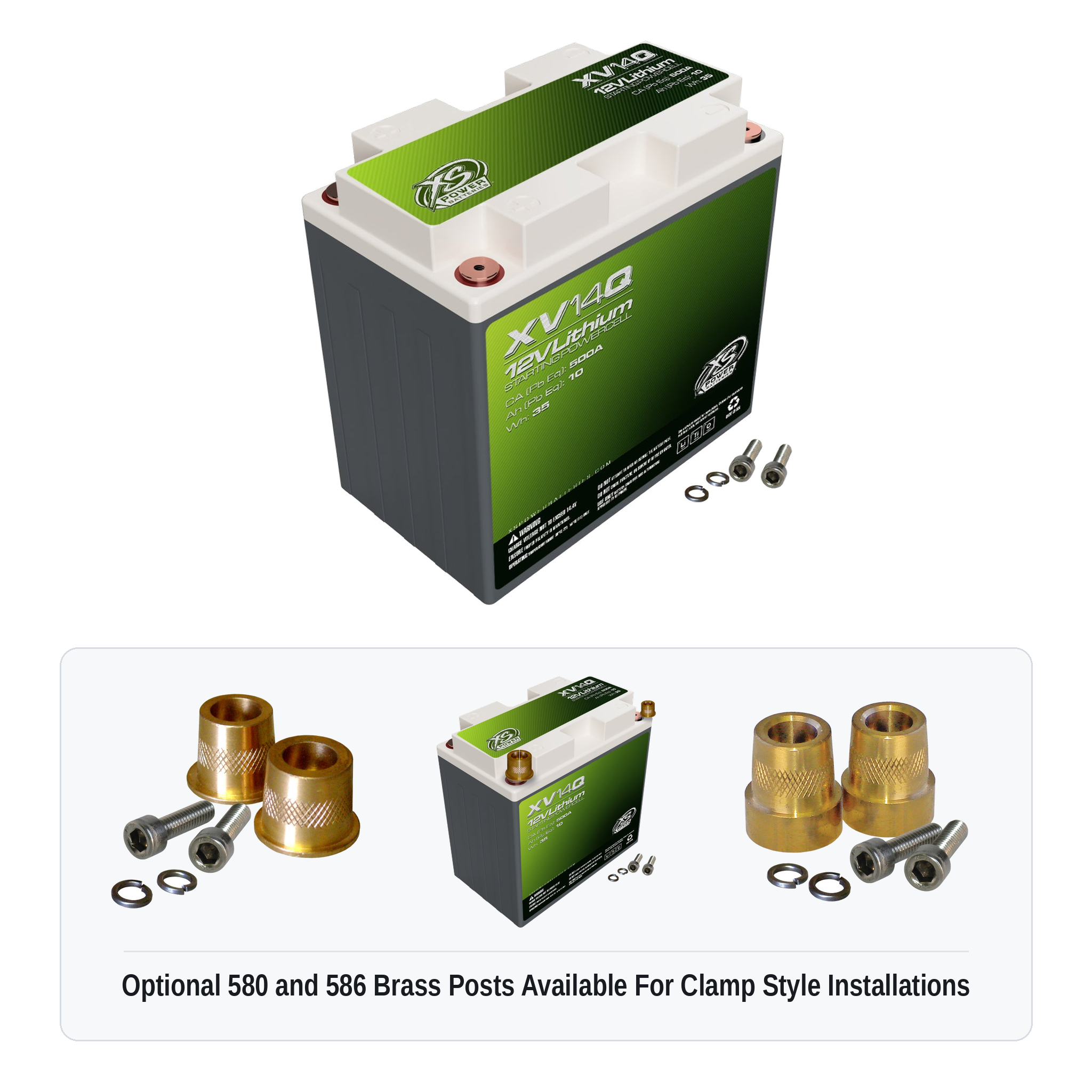 XS Power XV14Q 12V lithium starting powercell with optional 580 and 586 brass post adaptors for clamp style installations