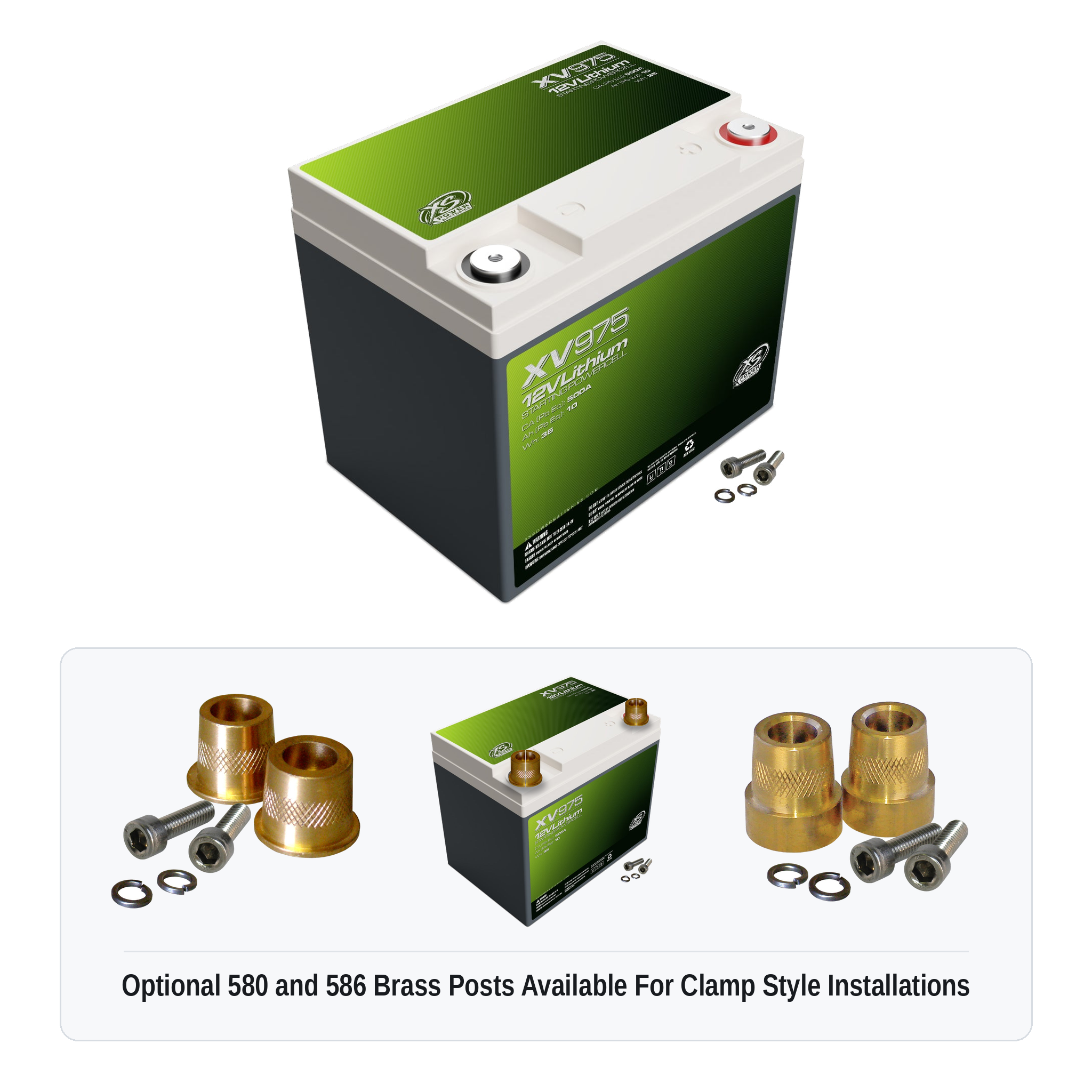 XS Power XV975 12V lithium starting powercell with optional 580 and 586 brass post adaptors for clamp style installations