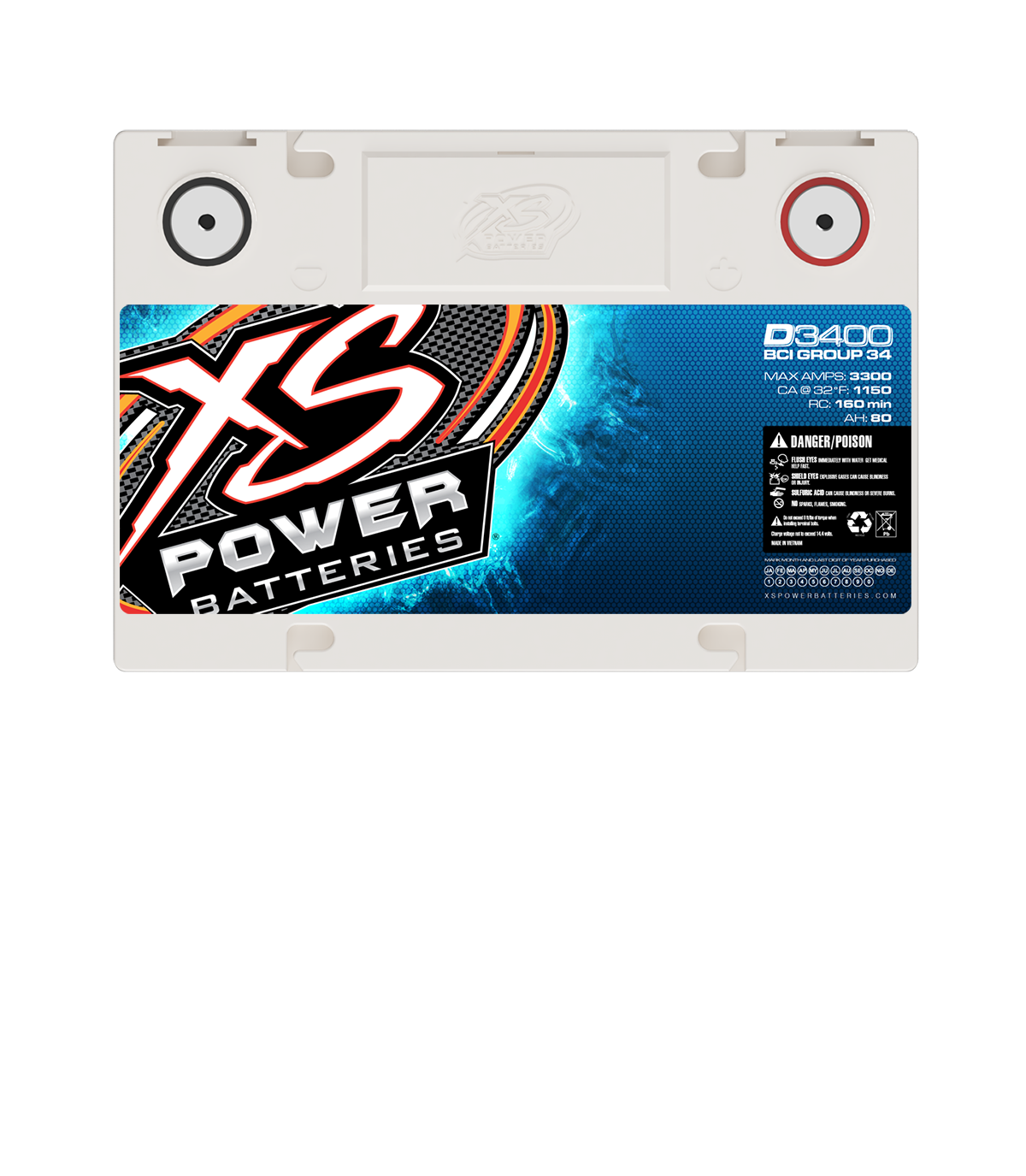 XS Power D3400 Group 34 AGM battery top view showing terminals