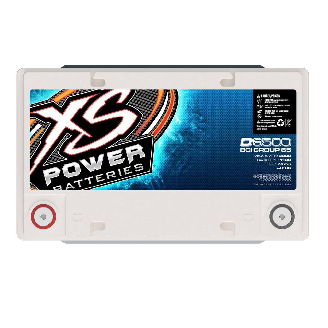 XS Power D6500 Group 65 AGM battery top view showing terminals