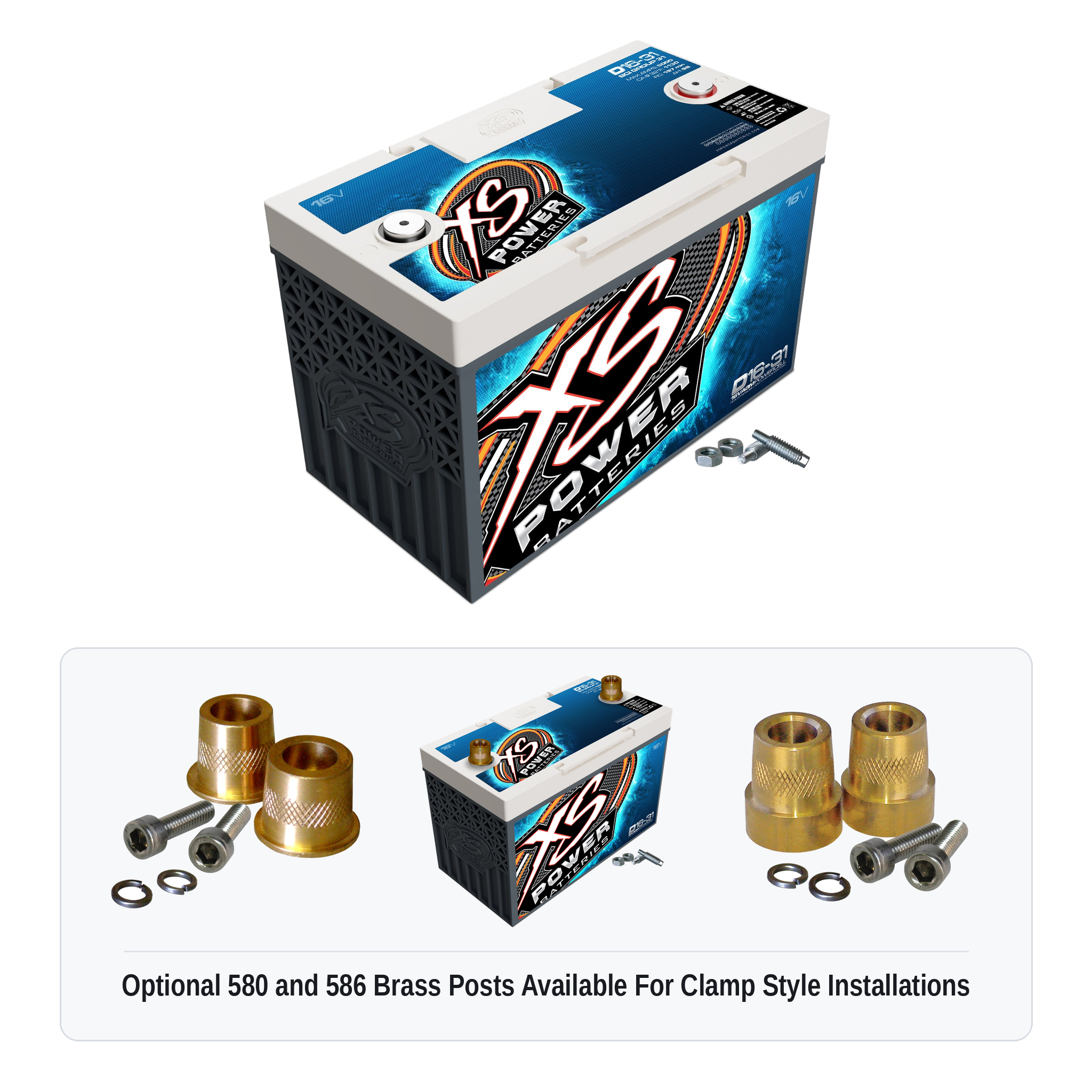 XS Power D16-31 Group 31 16V AGM battery with optional 580 and 586 brass post adaptors for clamp style installations