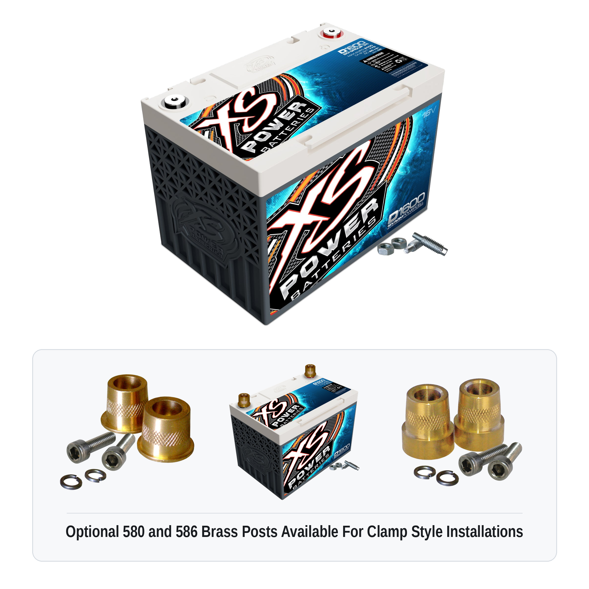 XS Power D1600 16V AGM battery with optional 580 and 586 brass post adaptors for clamp style installations