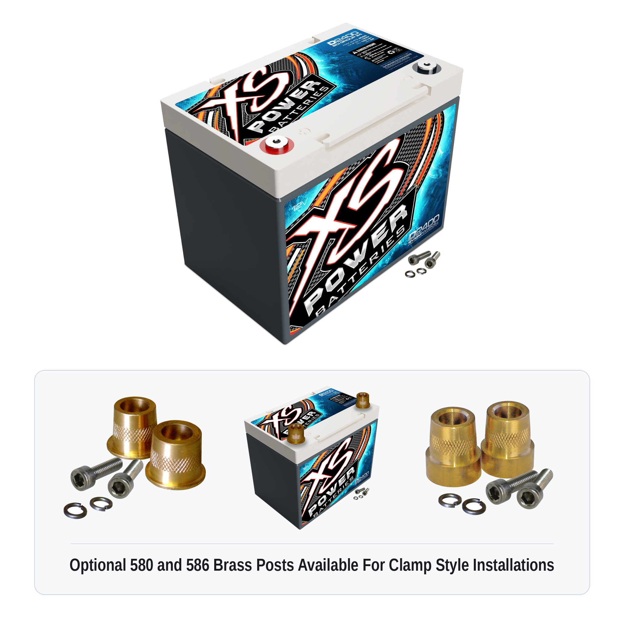 XS Power D2400 12V AGM battery with optional 580 and 586 brass post adaptors for clamp style installations