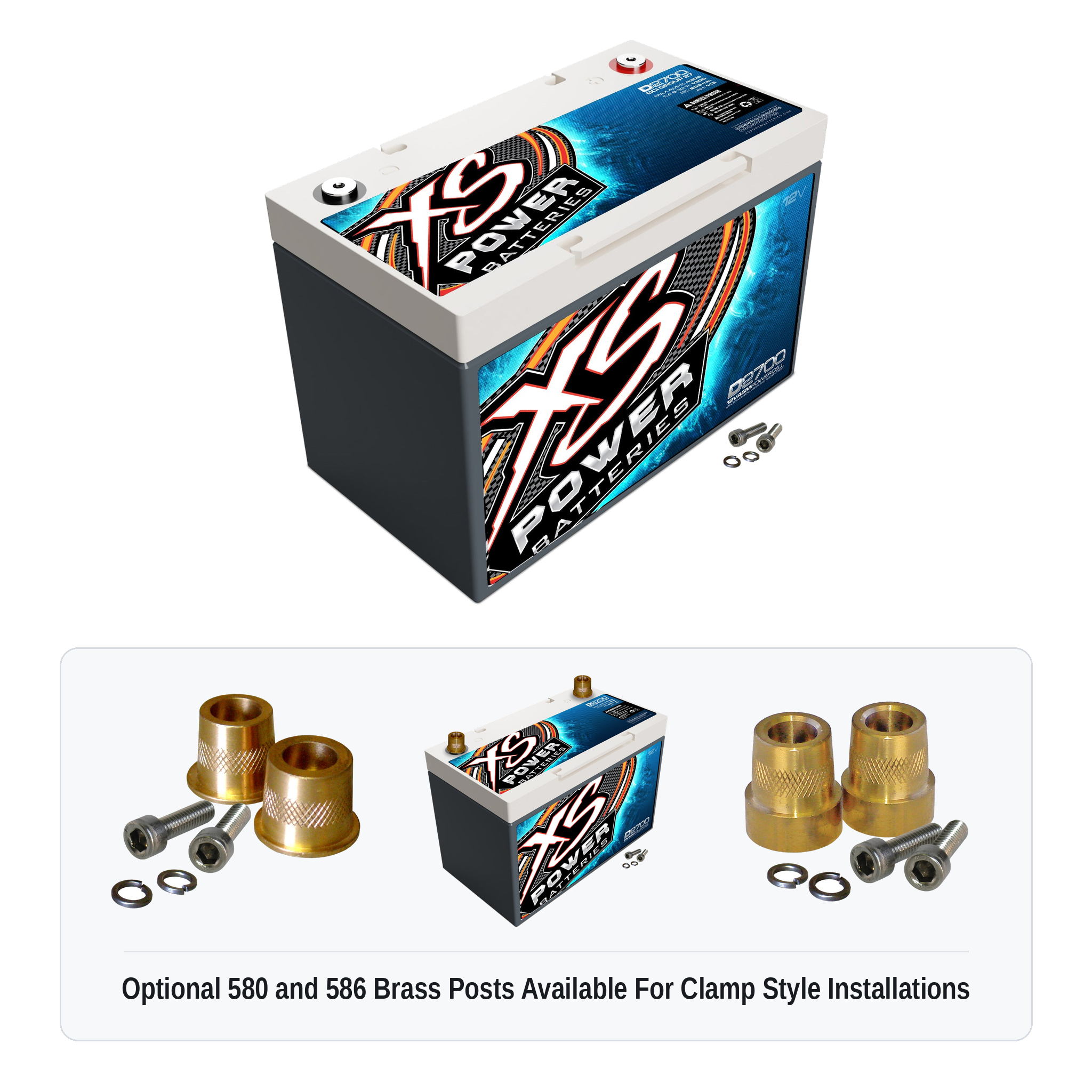 XS Power D2700 12V AGM battery with optional 580 and 586 brass post adaptors for clamp style installations