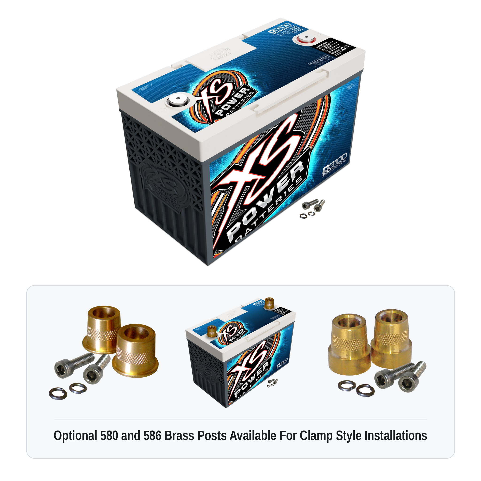 XS Power D3100 12V AGM battery with optional 580 and 586 brass post adaptors for clamp style installations