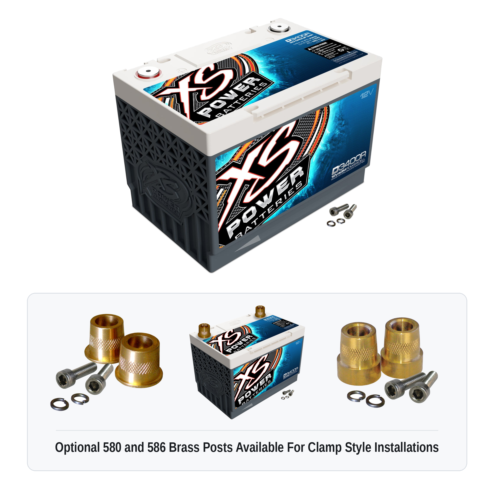 XS Power D3400R 12V AGM battery with optional 580 and 586 brass post adaptors for clamp style installations