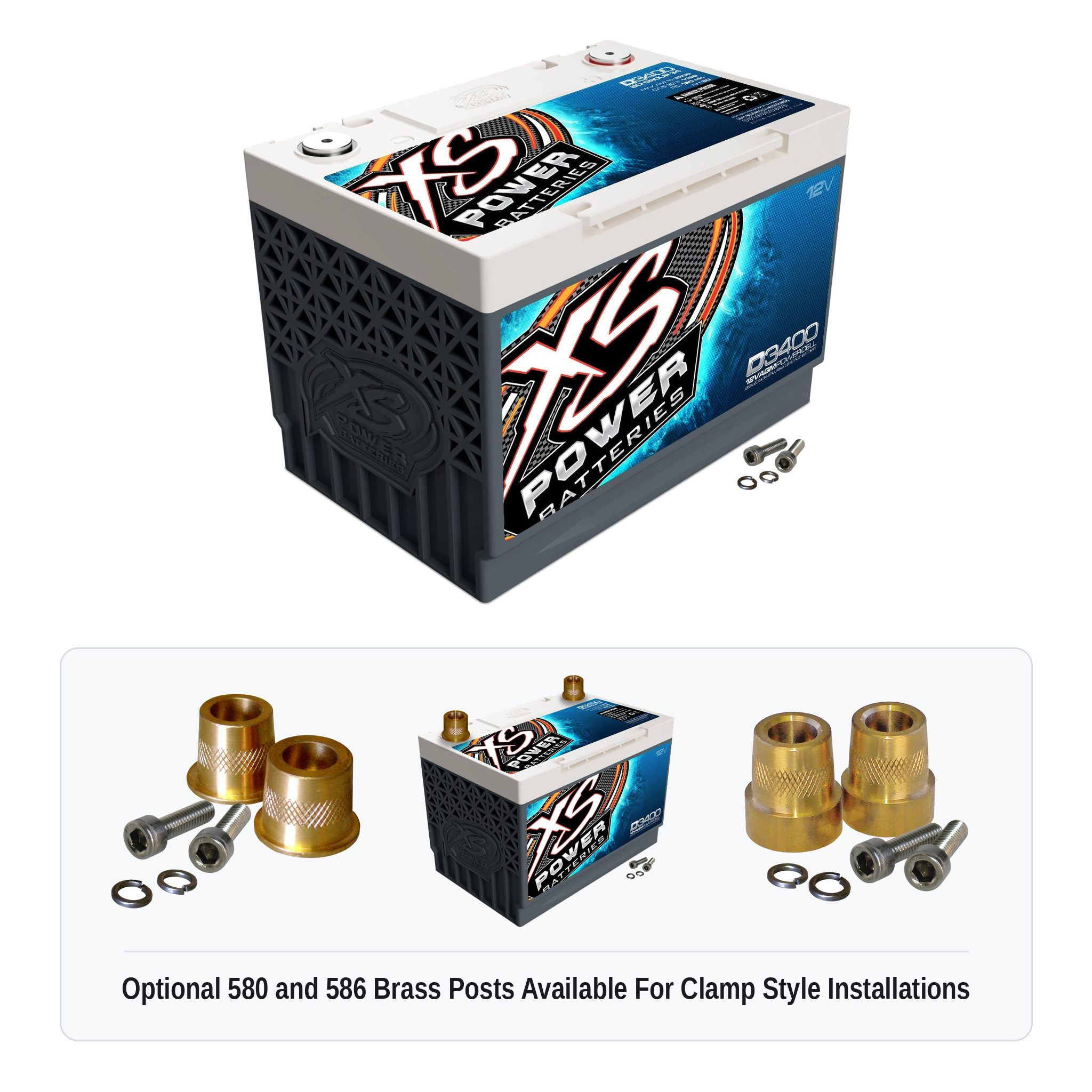 XS Power D3478 12V AGM battery with optional 580 and 586 brass post adaptors for clamp style installations