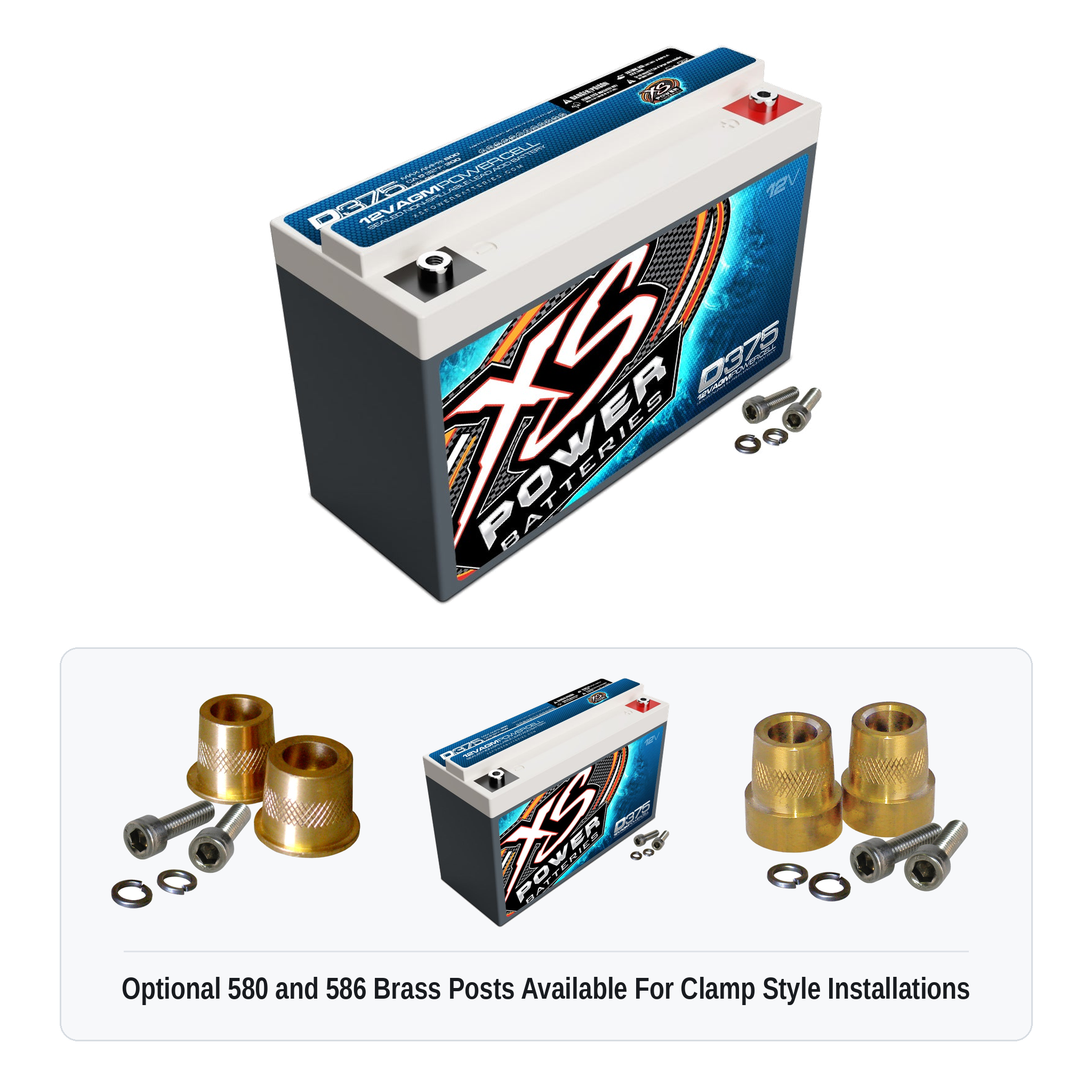 XS Power D375 12V AGM battery with optional 580 and 586 brass post adaptors for clamp style installations