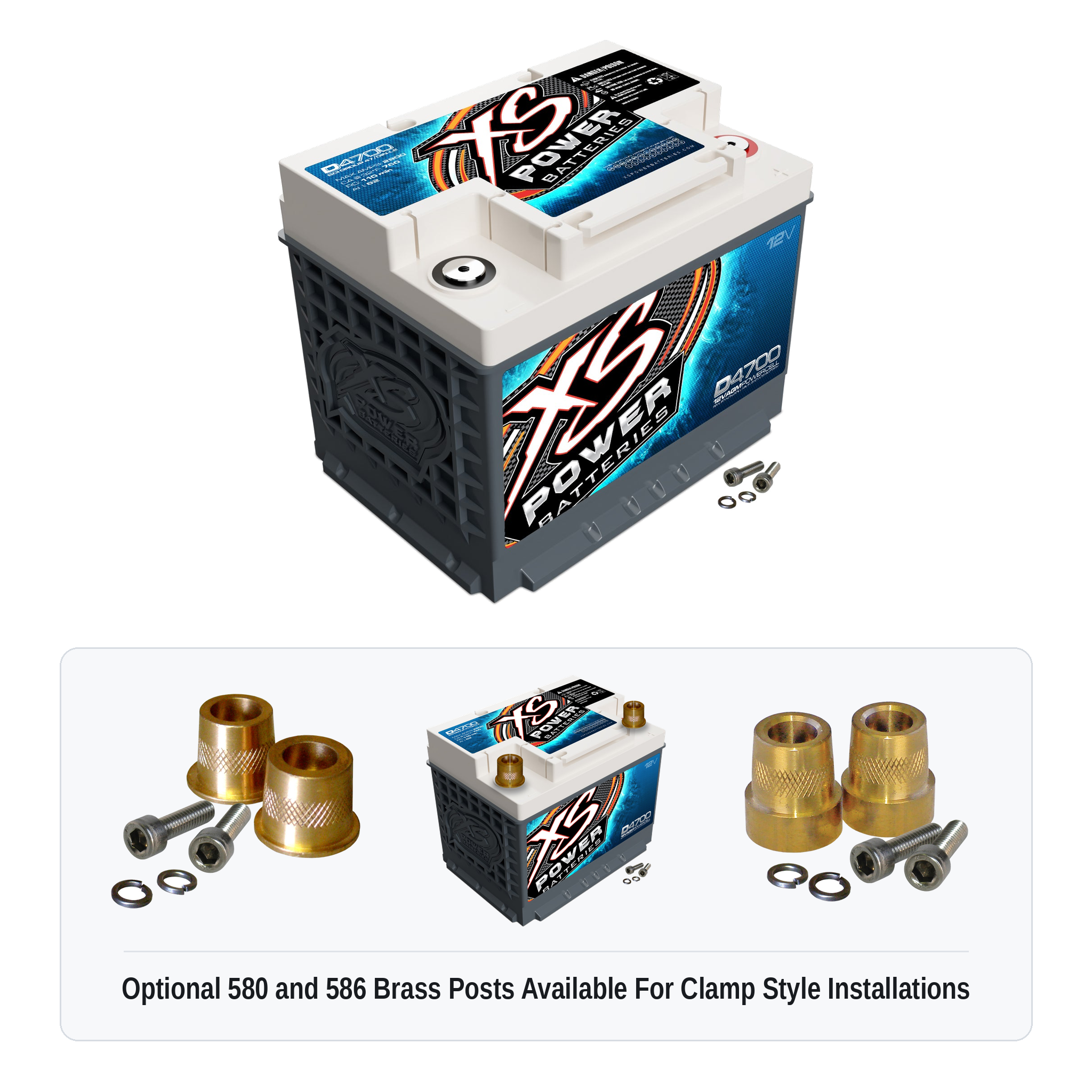 XS Power D4700 12V AGM battery with optional 580 and 586 brass post adaptors for clamp style installations