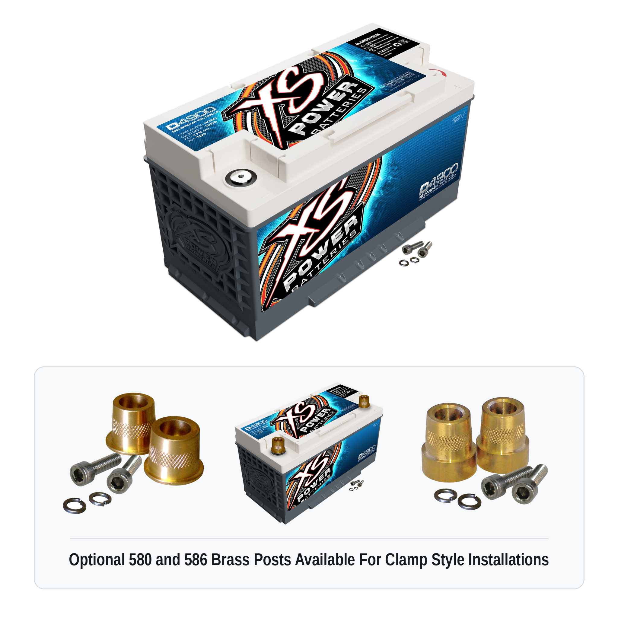 XS Power D4900 12V AGM battery with optional 580 and 586 brass post adaptors for clamp style installations