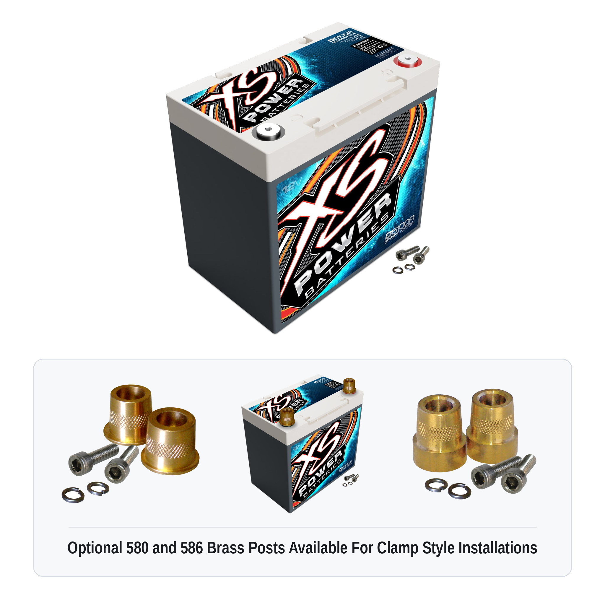 XS Power D5100R 12V AGM battery with optional 580 and 586 brass post adaptors for clamp style installations