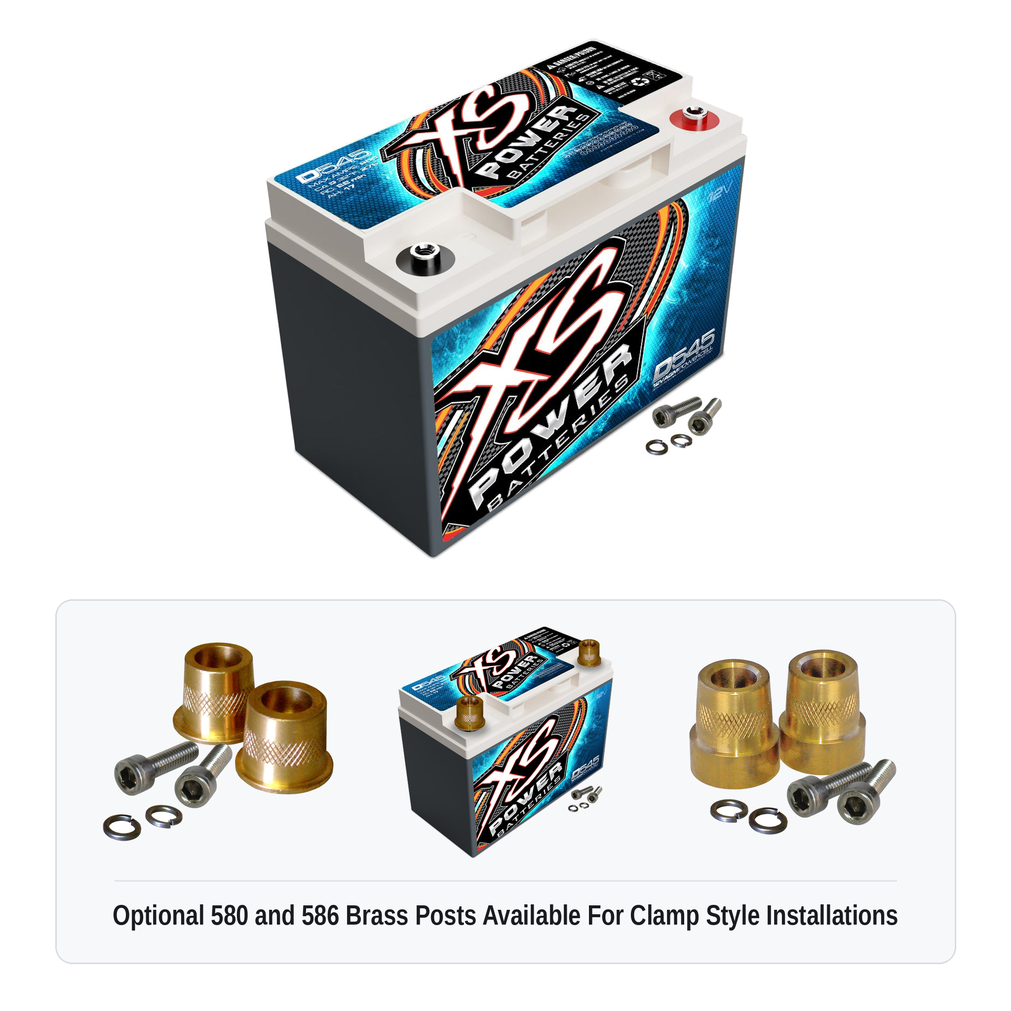 XS Power D545 12V AGM battery with optional 580 and 586 brass post adaptors for clamp style installations