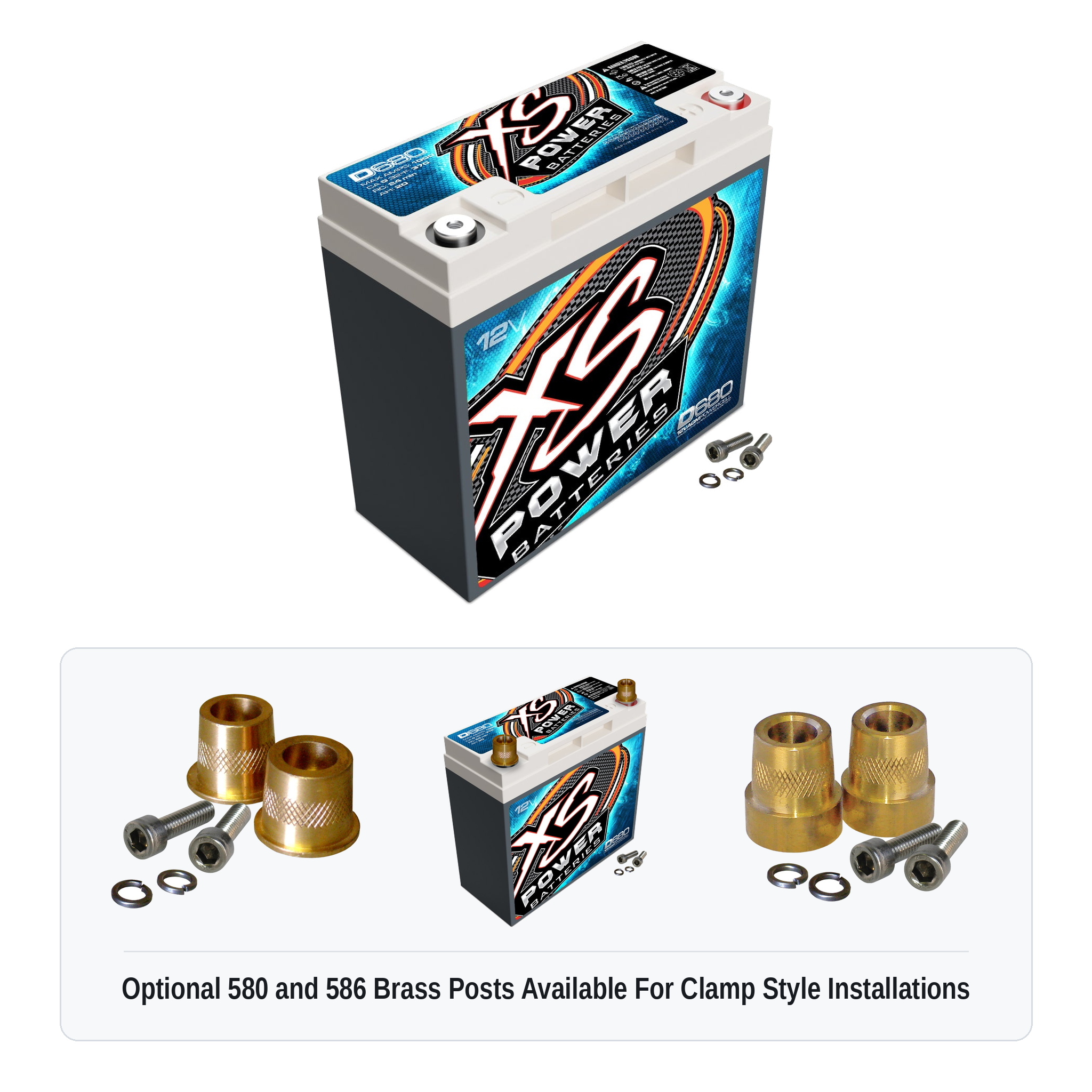 XS Power D680 12V AGM battery with optional 580 and 586 brass post adaptors for clamp style installations