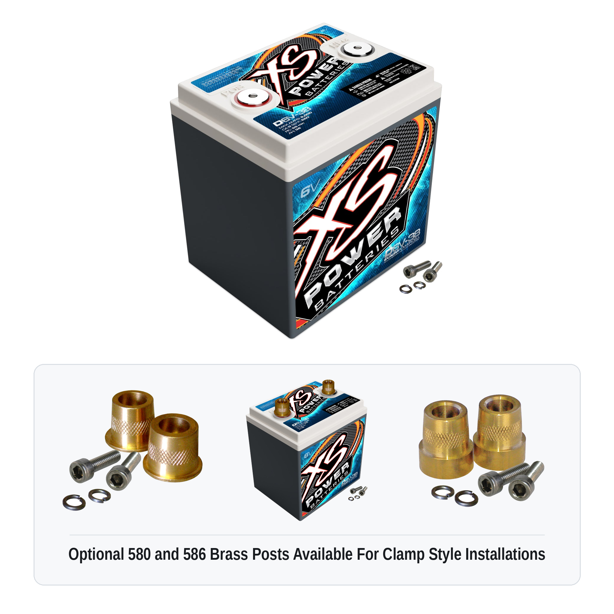 XS Power D6V-38 6V AGM battery with optional 580 and 586 brass post adaptors for clamp style installations