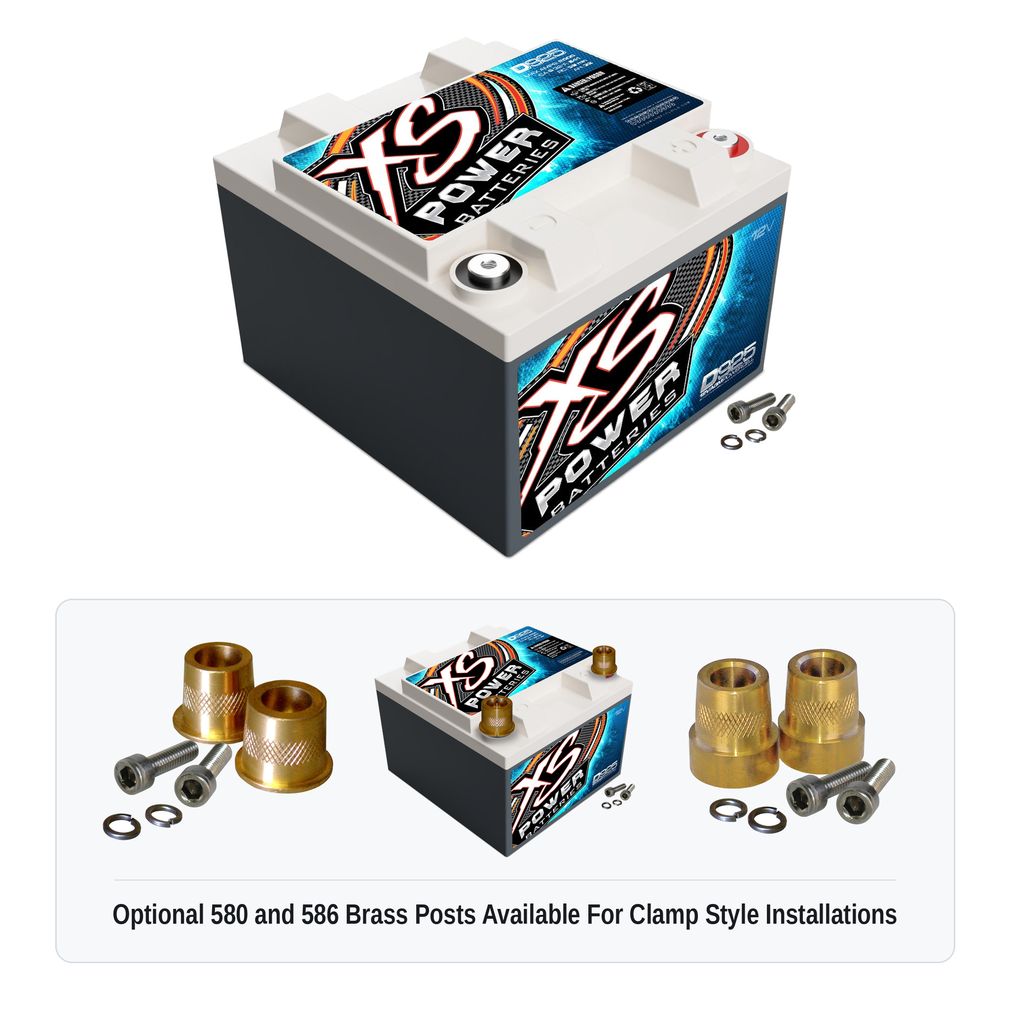 XS Power D925 12V AGM battery with optional 580 and 586 brass post adaptors for clamp style installations