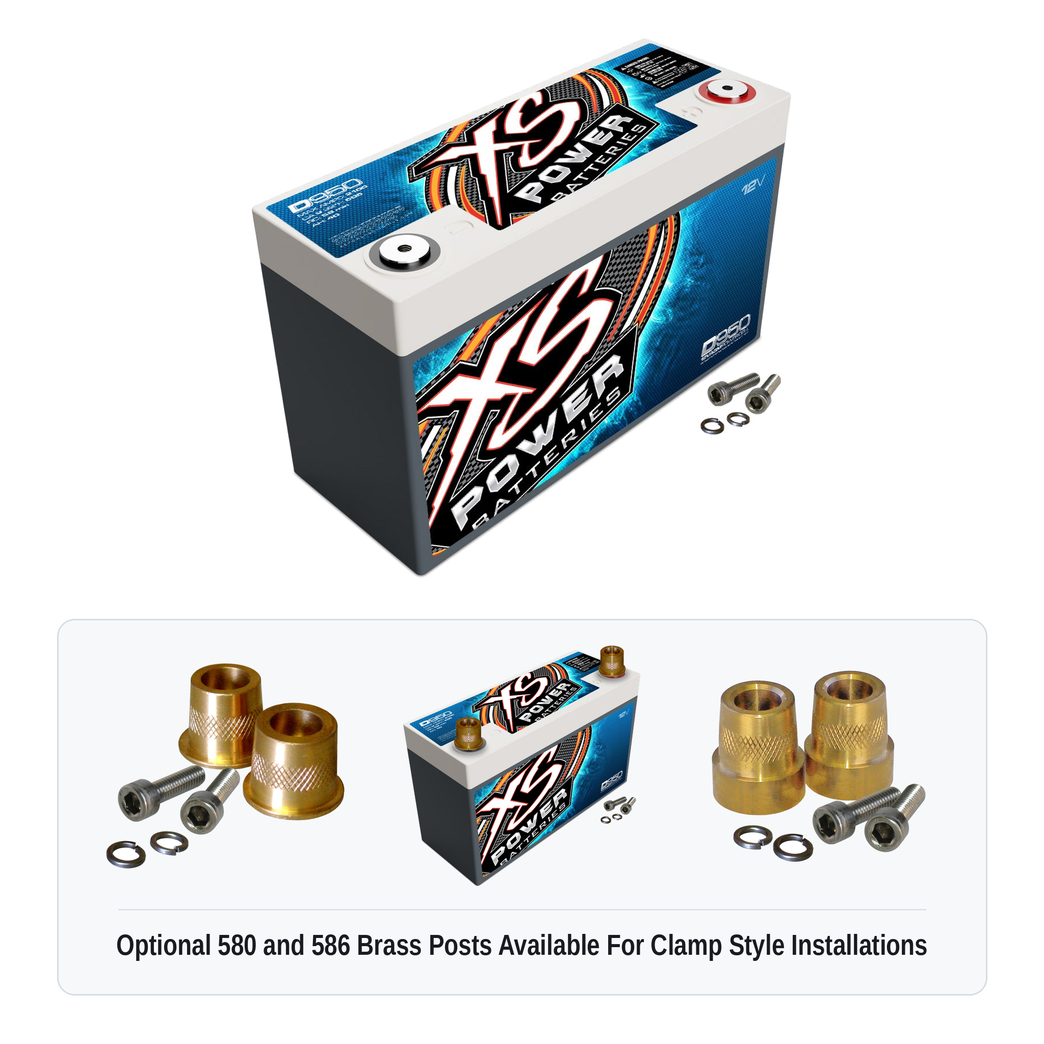XS Power D950 12V AGM battery with optional 580 and 586 brass post adaptors for clamp style installations