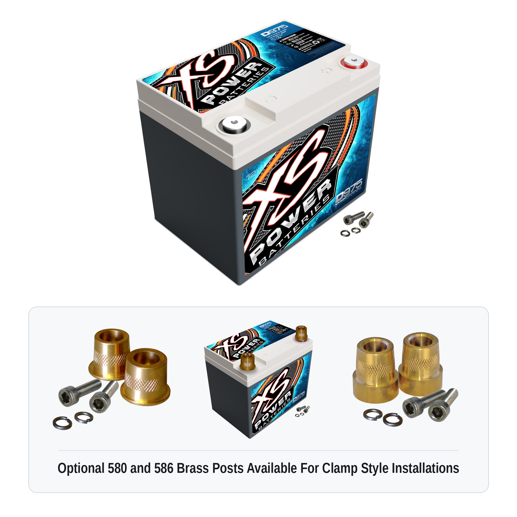 XS Power D975 Group U1R 12V AGM battery with optional 580 and 586 brass post adaptors for clamp style installations