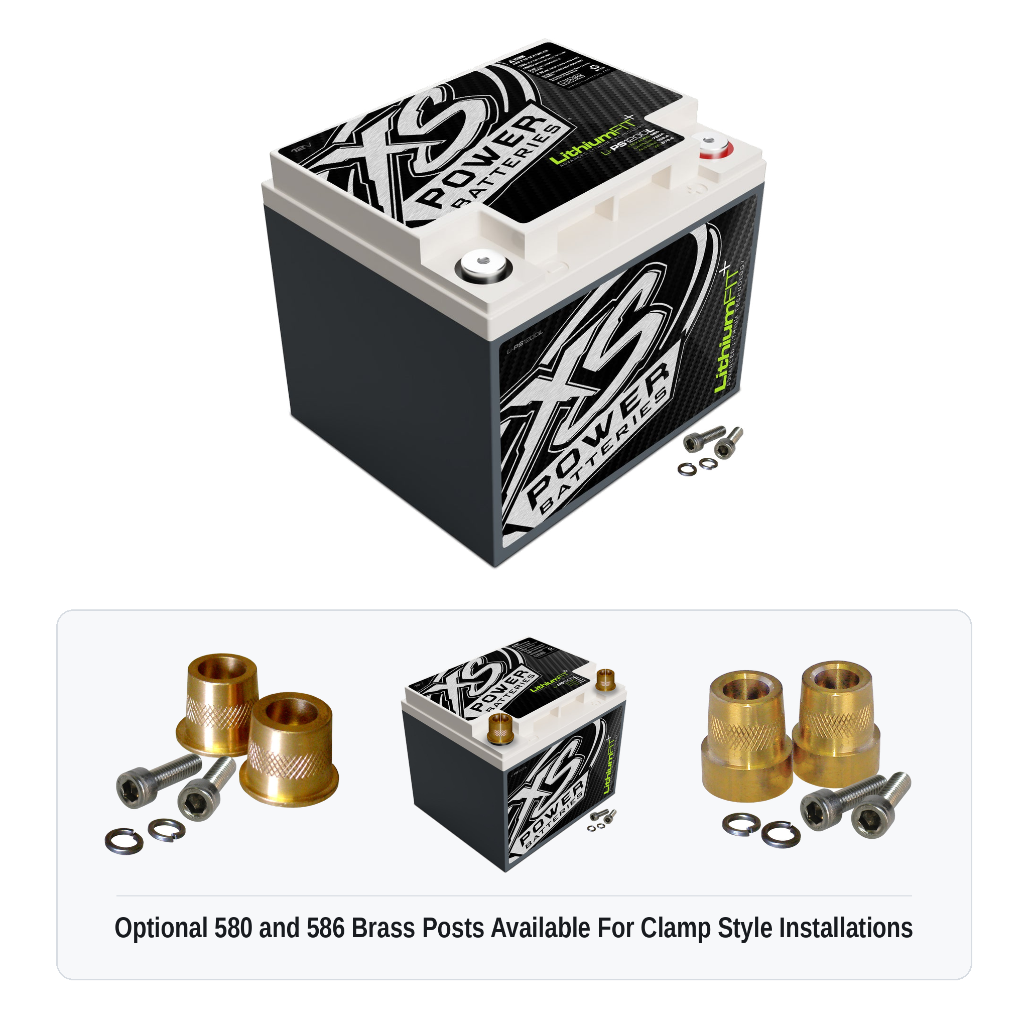 XS Power Li-PS1200L lithium powersports battery with optional 580 and 586 brass post adaptors for clamp style installations
