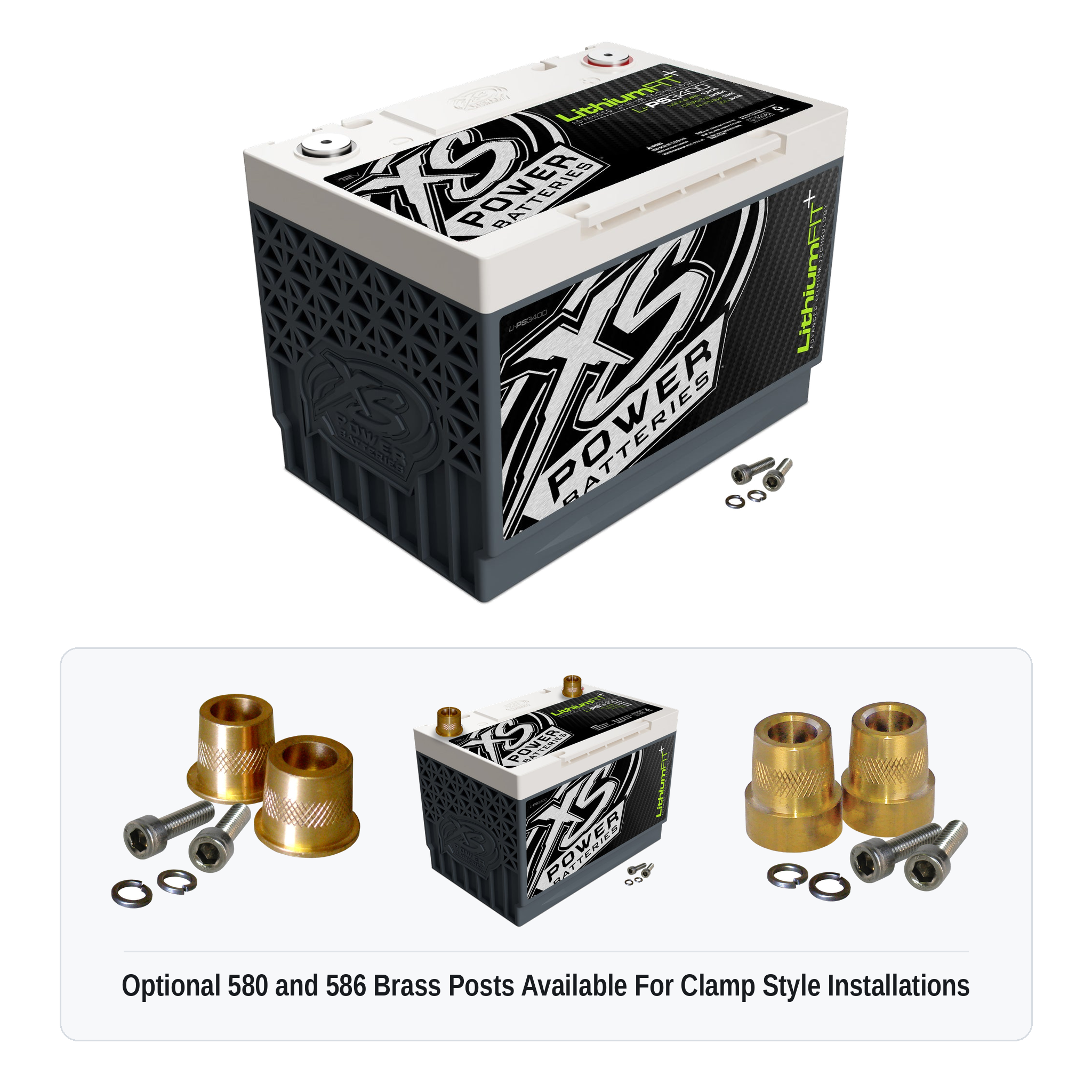 XS Power Li-PS3400 lithium powersports battery with optional 580 and 586 brass post adaptors for clamp style installations