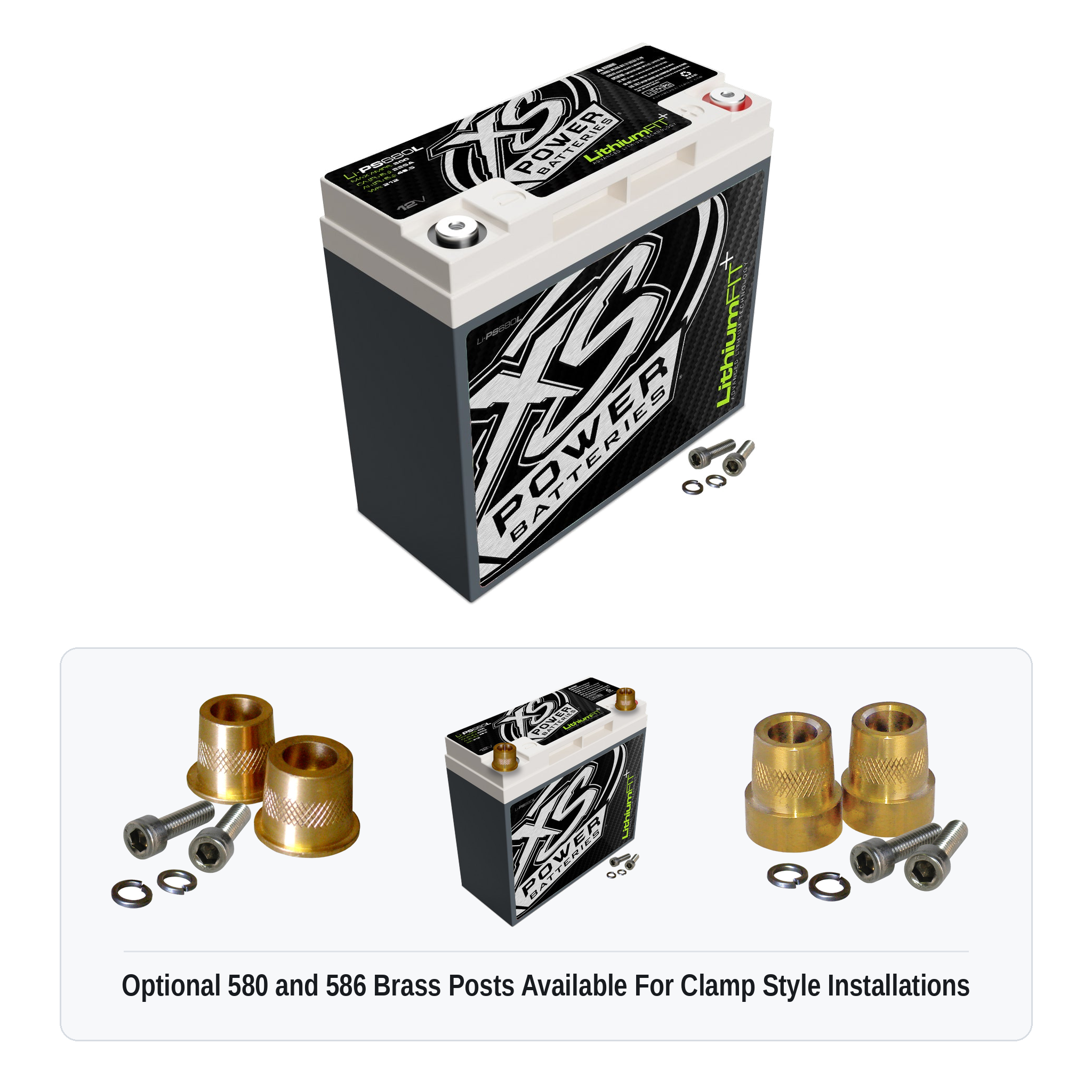XS Power Li-PS680L lithium powersports battery with optional 580 and 586 brass post adaptors for clamp style installations