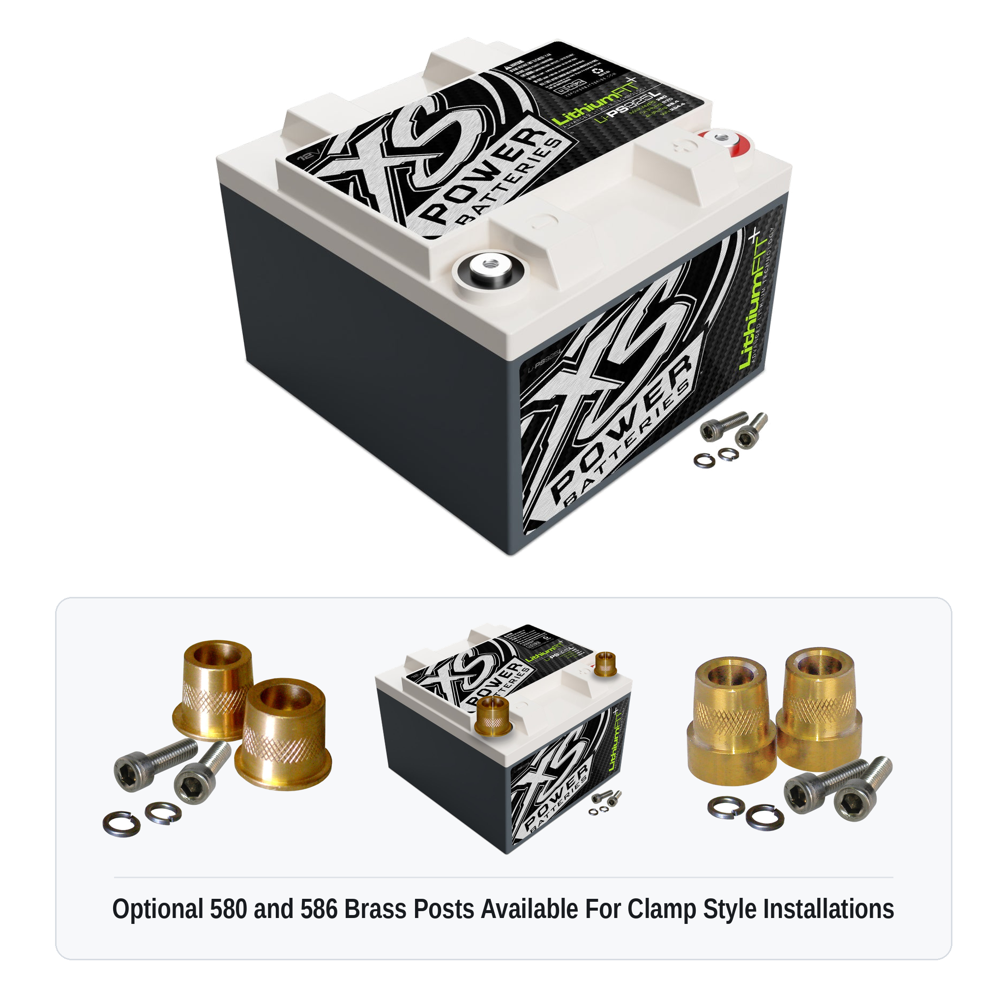 XS Power Li-PS925L lithium powersports battery with optional 580 and 586 brass post adaptors for clamp style installations