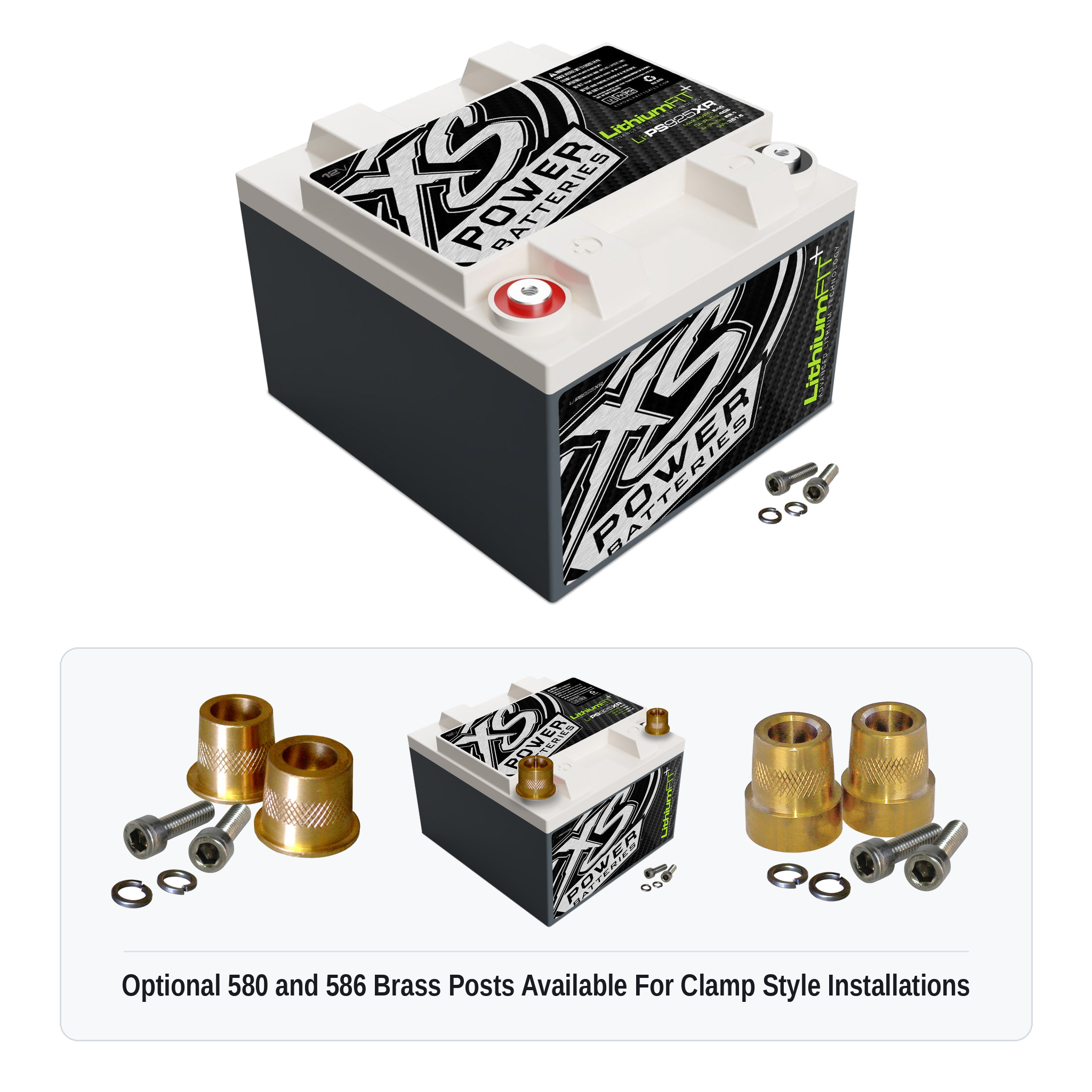 XS Power Li-PS925XR lithium powersports battery with optional 580 and 586 brass post adaptors for clamp style installations