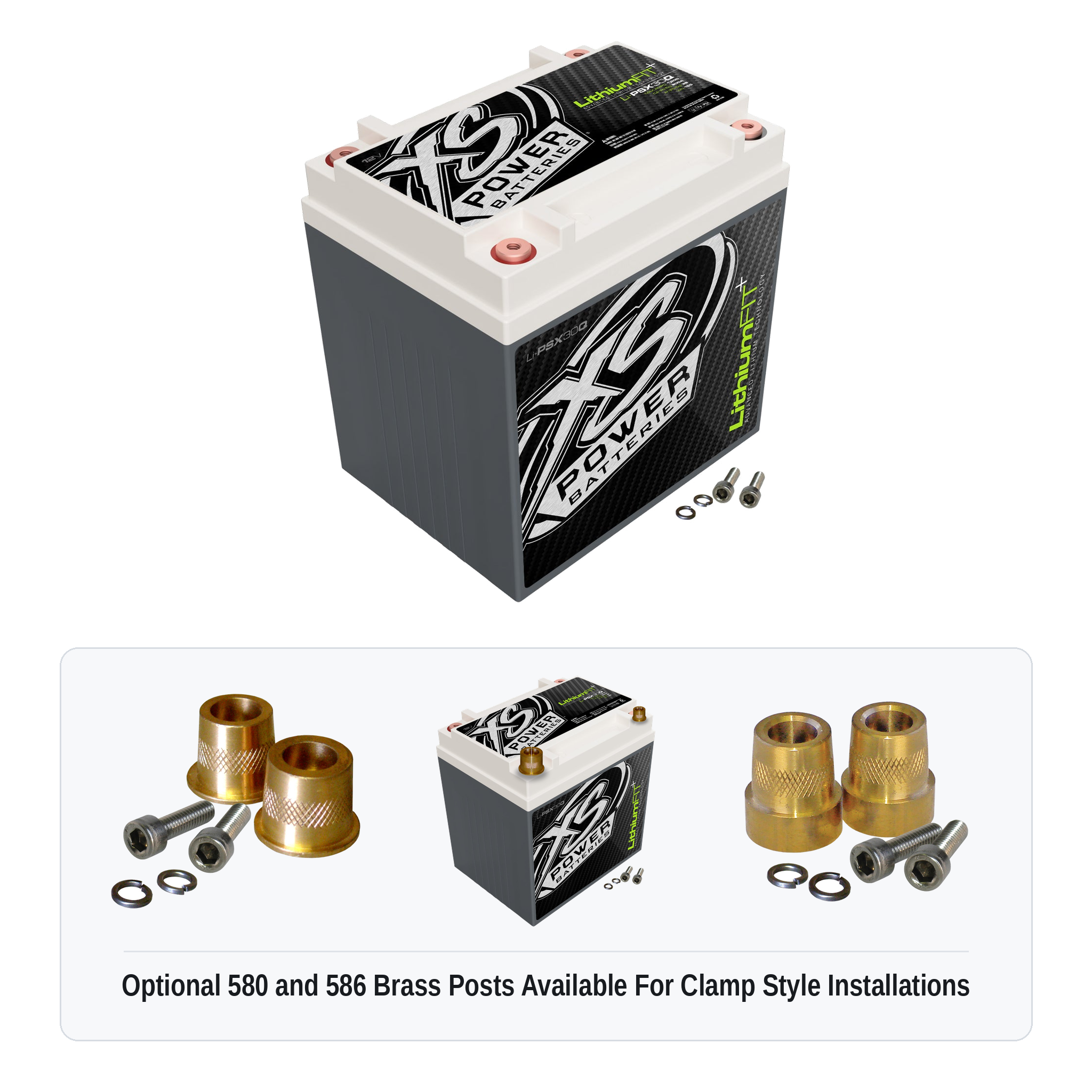 XS Power Li-PSX30Q lithium powersports battery with optional 580 and 586 brass post adaptors for clamp style installations