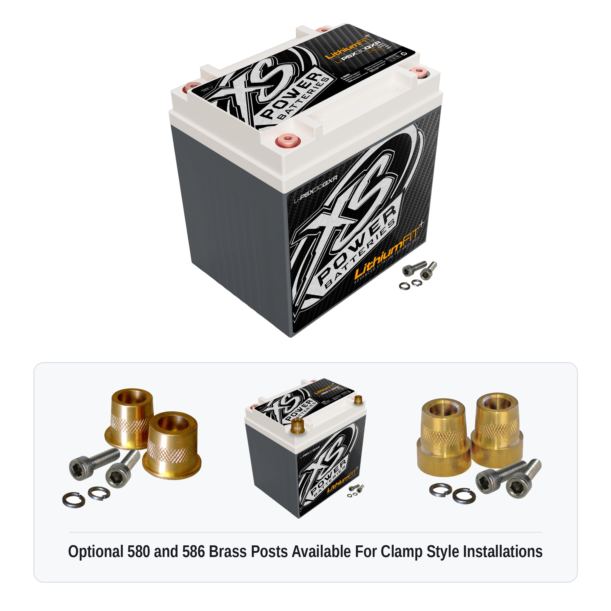 XS Power Li-PSX30QXR lithium powersports battery with optional 580 and 586 brass post adaptors for clamp style installations