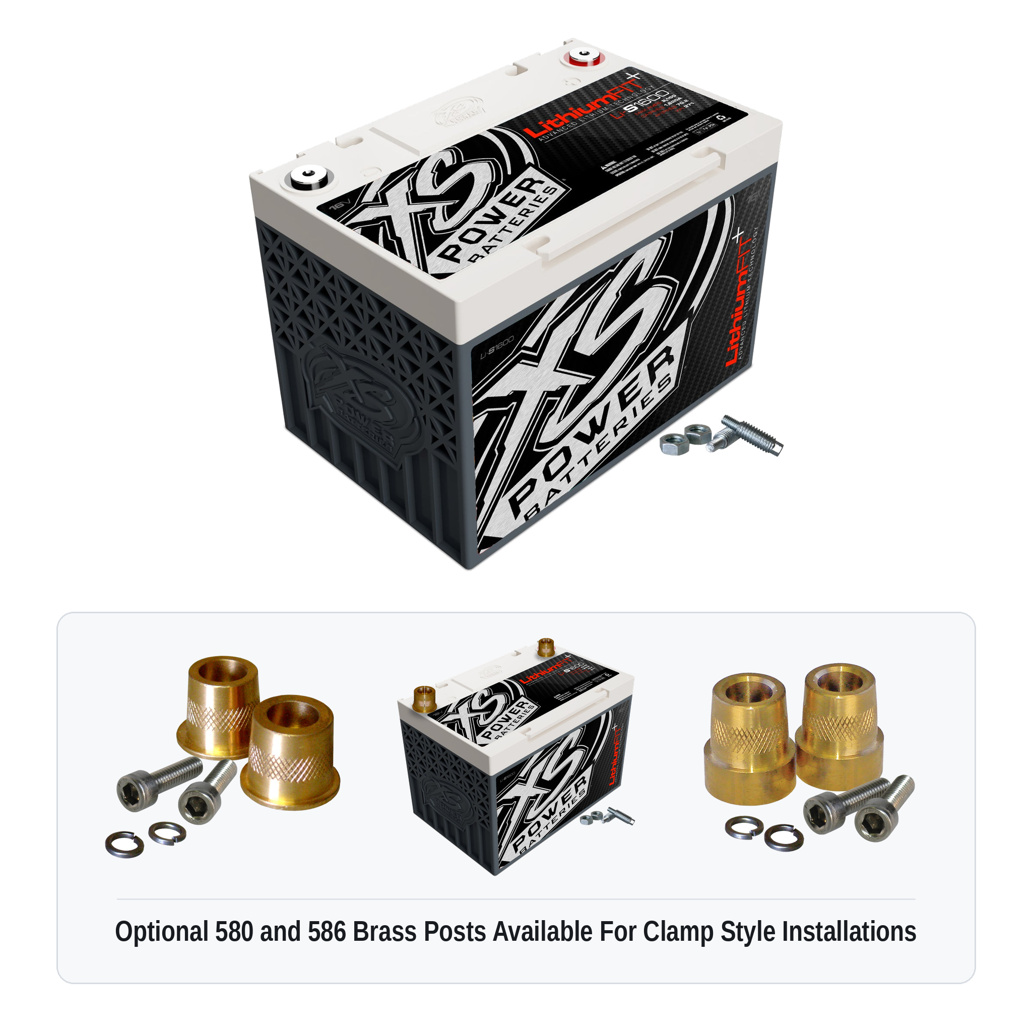 XS Power Li-S1600 16V lithium battery with optional 580 and 586 brass post adaptors for clamp style installations
