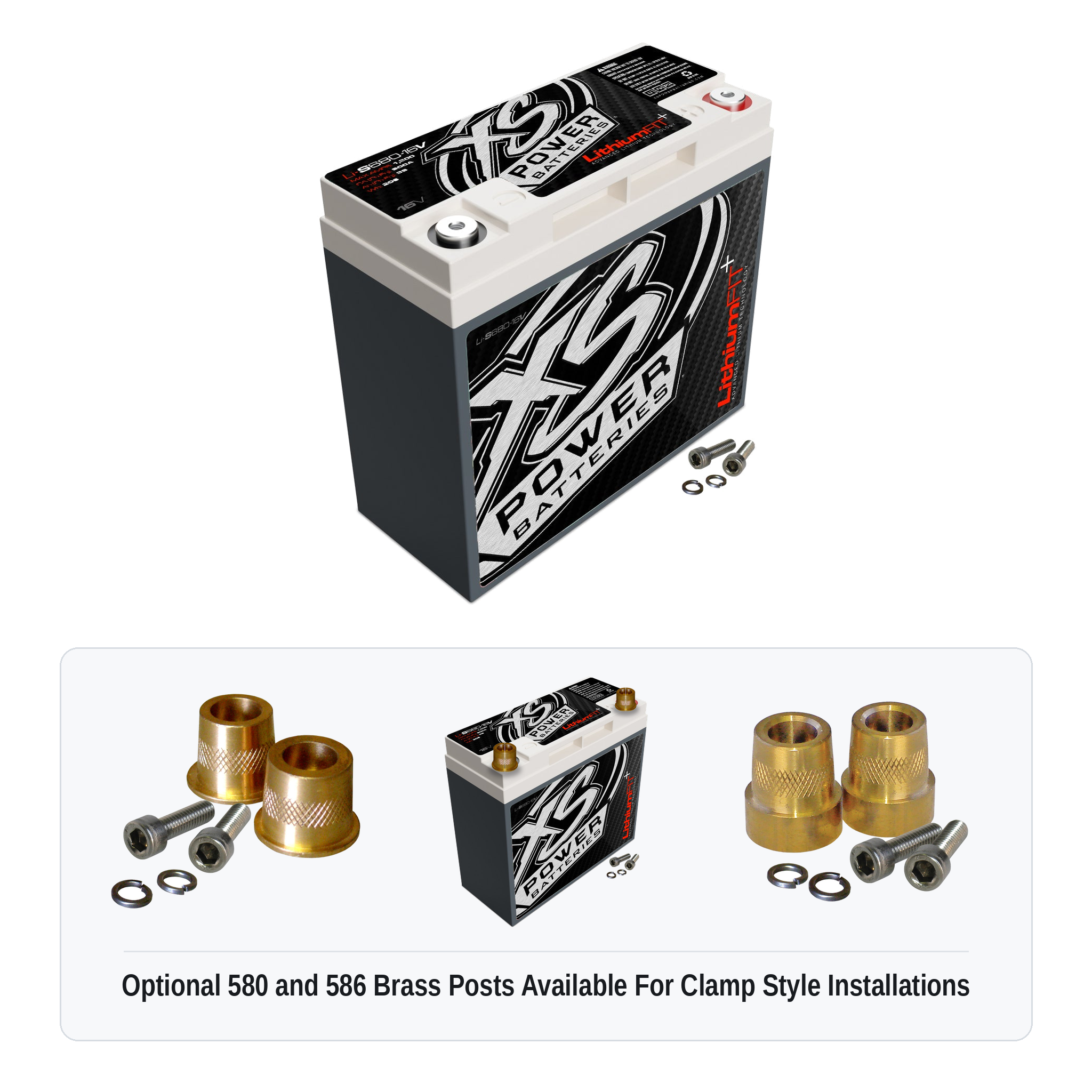 XS Power Li-S680-16 16V lithium battery with optional 580 and 586 brass post adaptors for clamp style installations