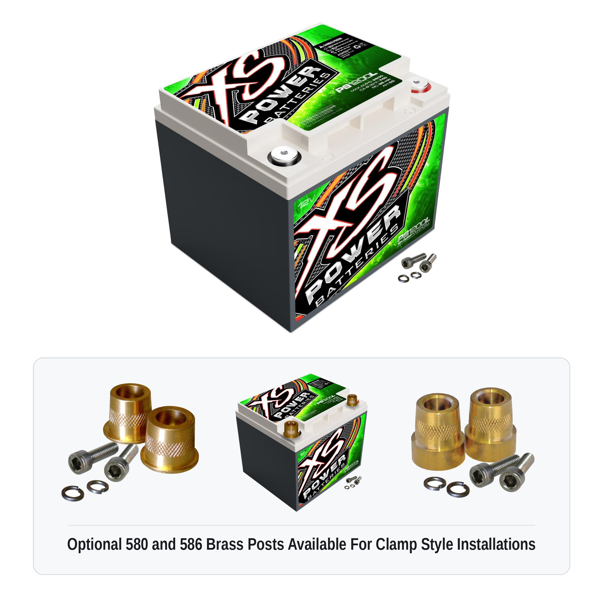 XS Power PS1200L 12V AGM powersports battery with optional 580 and 586 brass post adaptors for clamp style installations