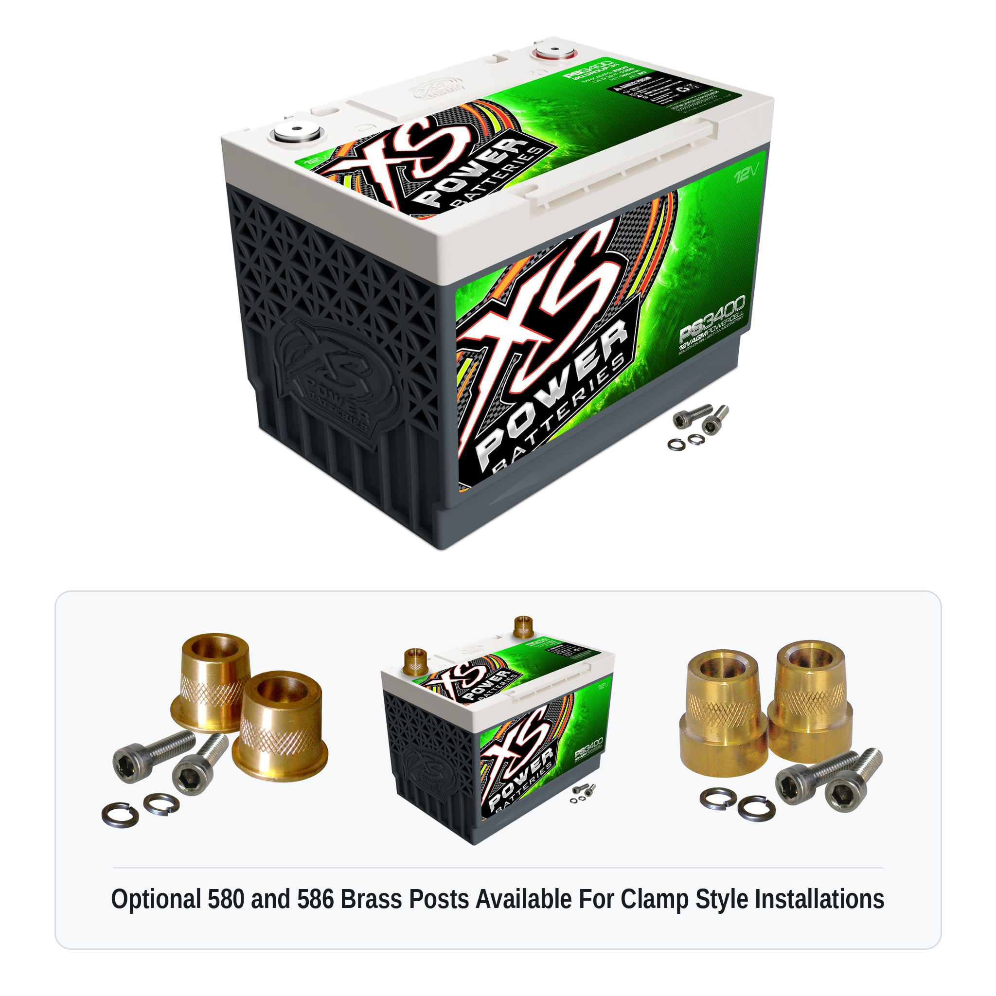 XS Power PS3400 Group 34 12V AGM powersports battery with optional 580 and 586 brass post adaptors for clamp style installations