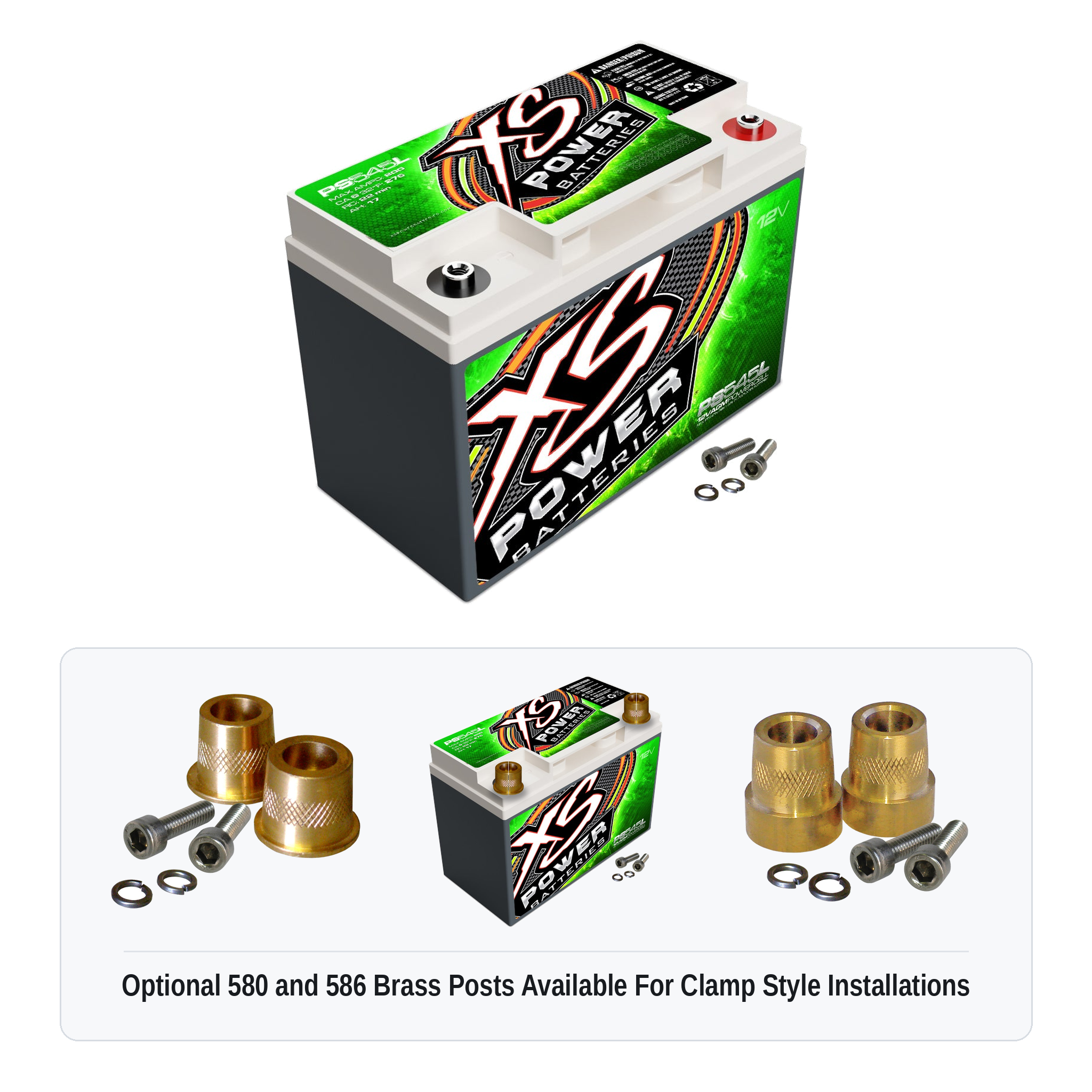XS Power PS545L 12V AGM powersports battery with optional 580 and 586 brass post adaptors for clamp style installations
