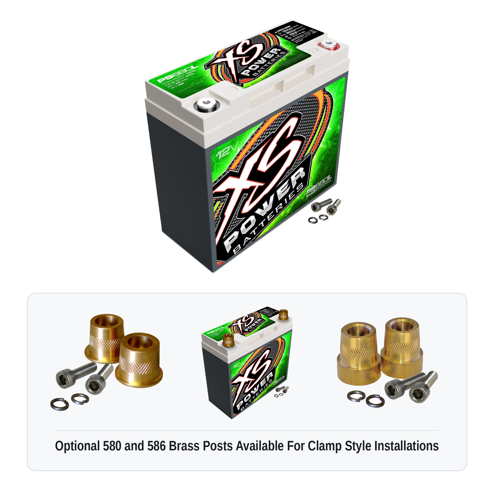 XS Power PS680L 12V AGM powersports battery with optional 580 and 586 brass post adaptors for clamp style installations