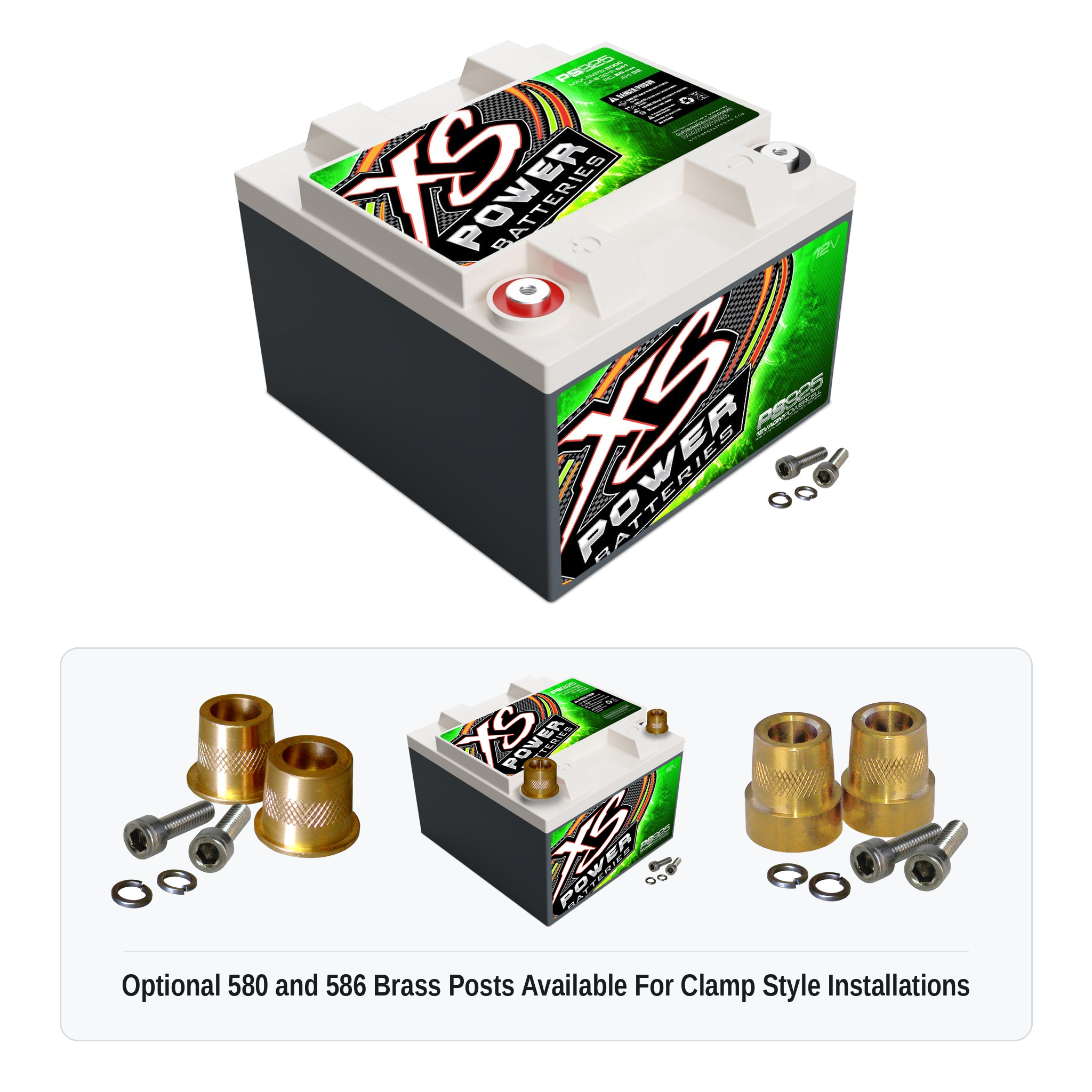 XS Power PS925 12V AGM powersports battery with optional 580 and 586 brass post adaptors for clamp style installations